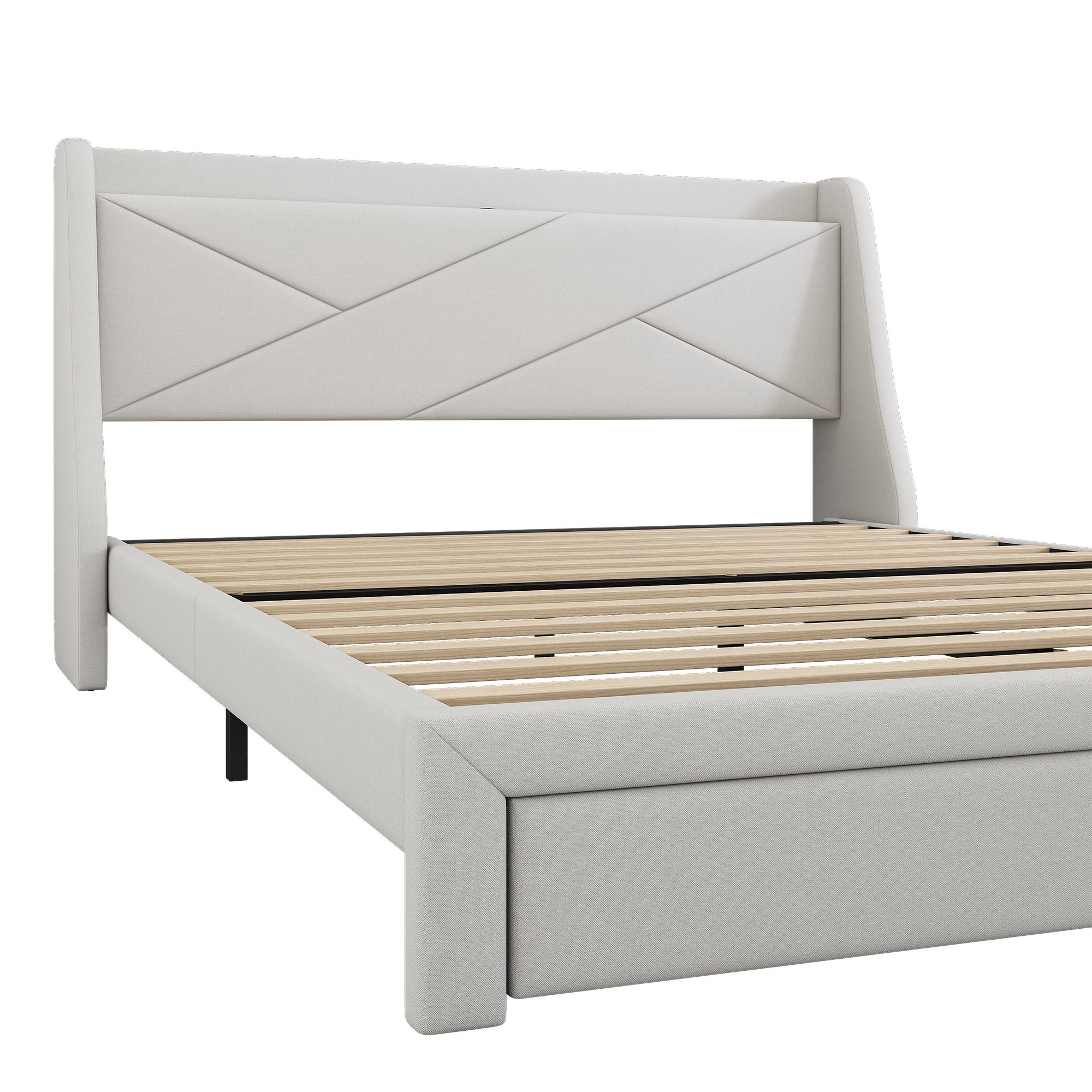 Letto imbottito 140x190 cm con testiera e rete a doghe, bottoni, chiodini decorativi, gambe in legno