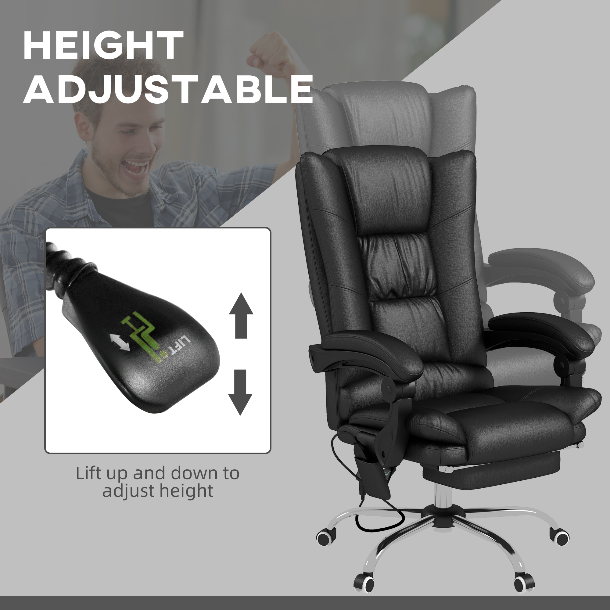 Vinsetto High Back Vibration Massage Office Chair, Heated Reclining PU Leather Computer Chair with 135° Reclining Back and Footrest, Black 5