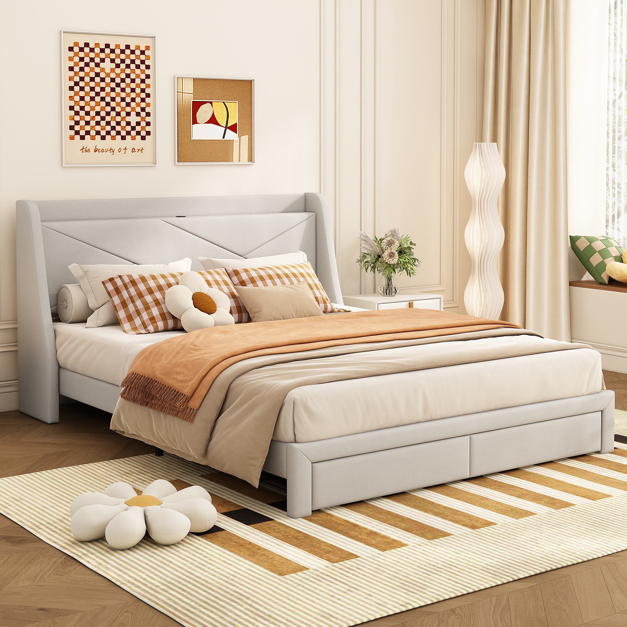 Letto con contenitore idraulico, 140x190 cm, in velluto beige, testiera imbottita con LED RGB, letto matrimoniale per camera da letto per adulti. | Leroy Merlin