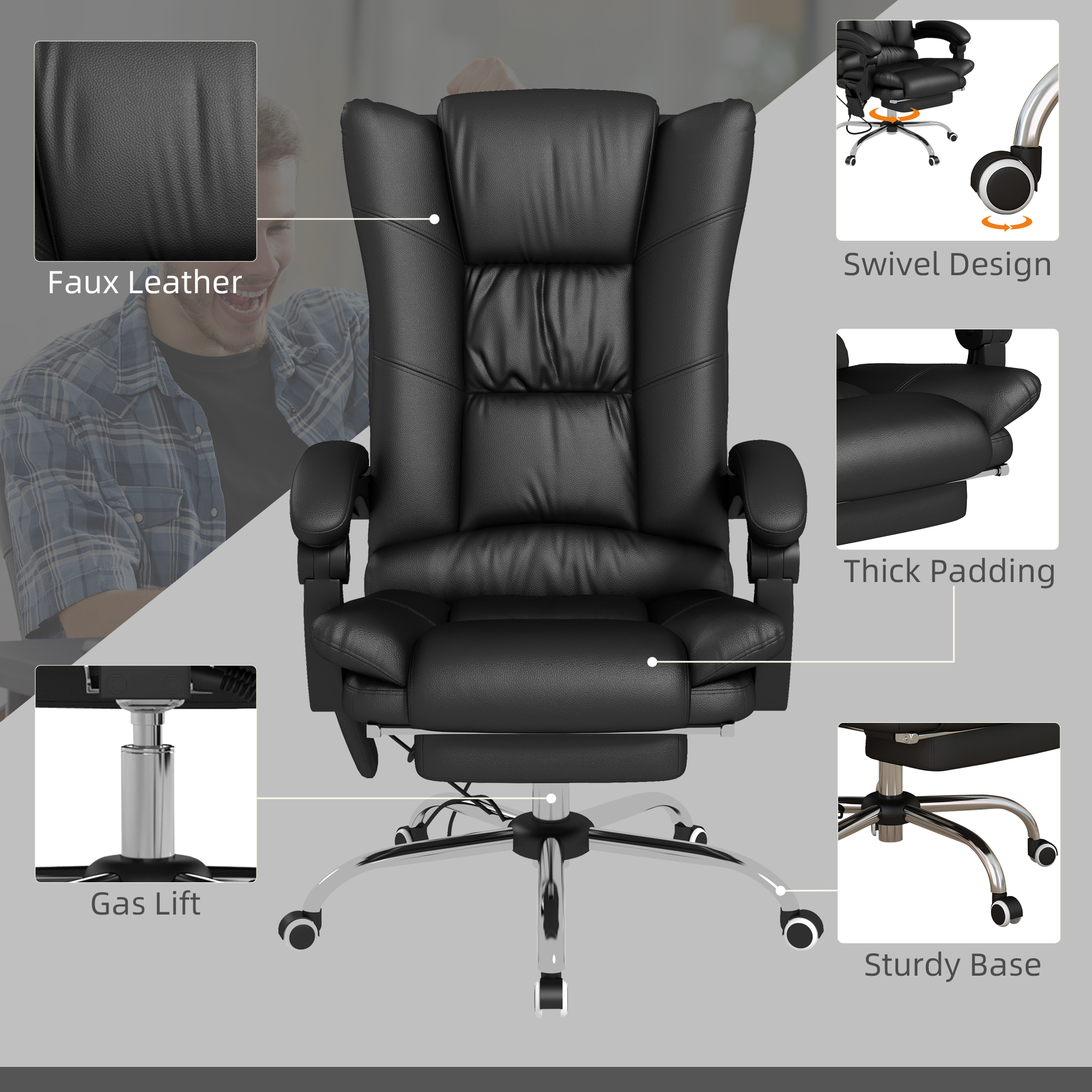 Vinsetto High Back Vibration Massage Office Chair, Heated Reclining PU Leather Computer Chair with 135° Reclining Back and Footrest, Black 7