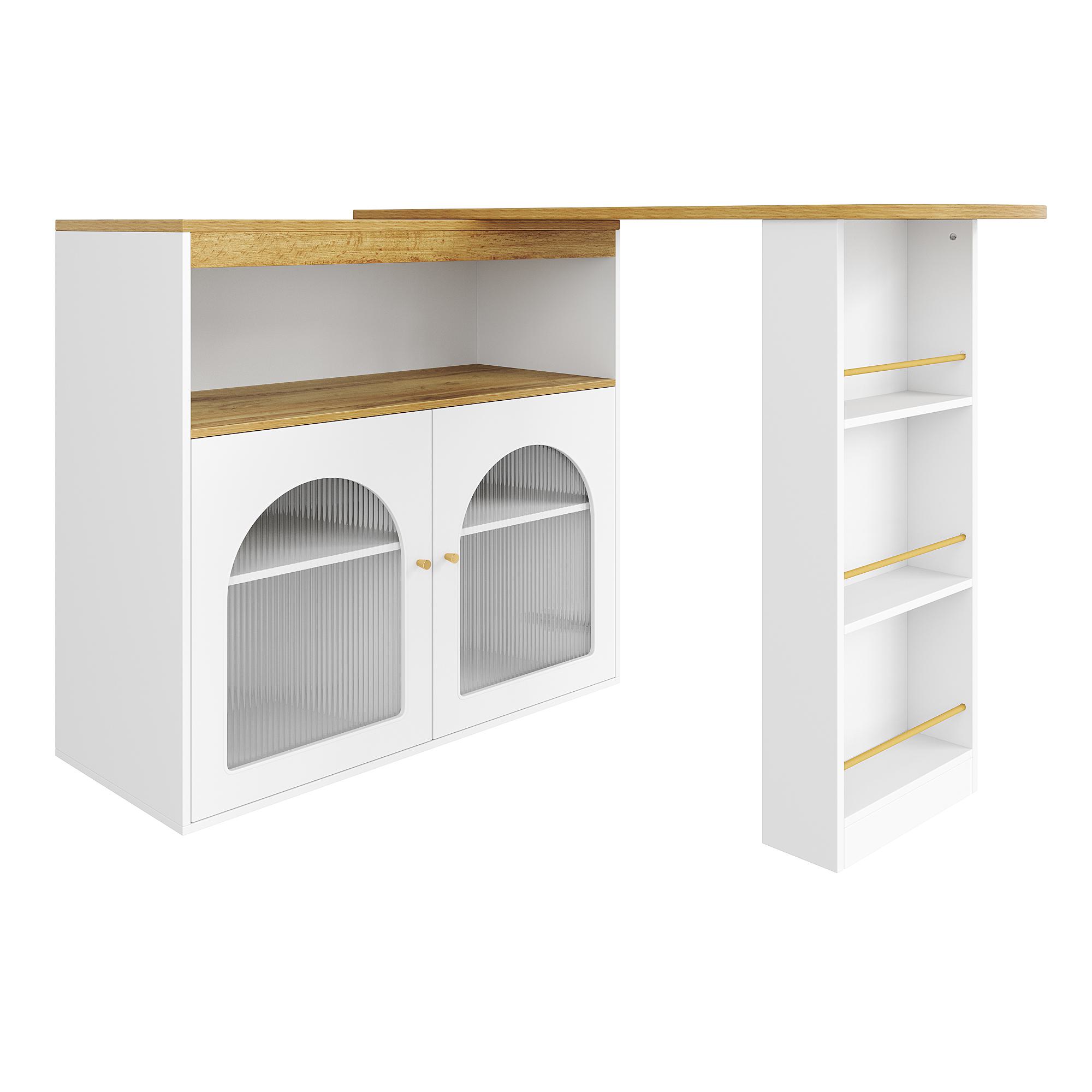 Mesa de bar extensible moderna, mesa de comedor con almacenamiento, giratoria, con tira luminosa LED, 138-193×39×105 cm, Blanco