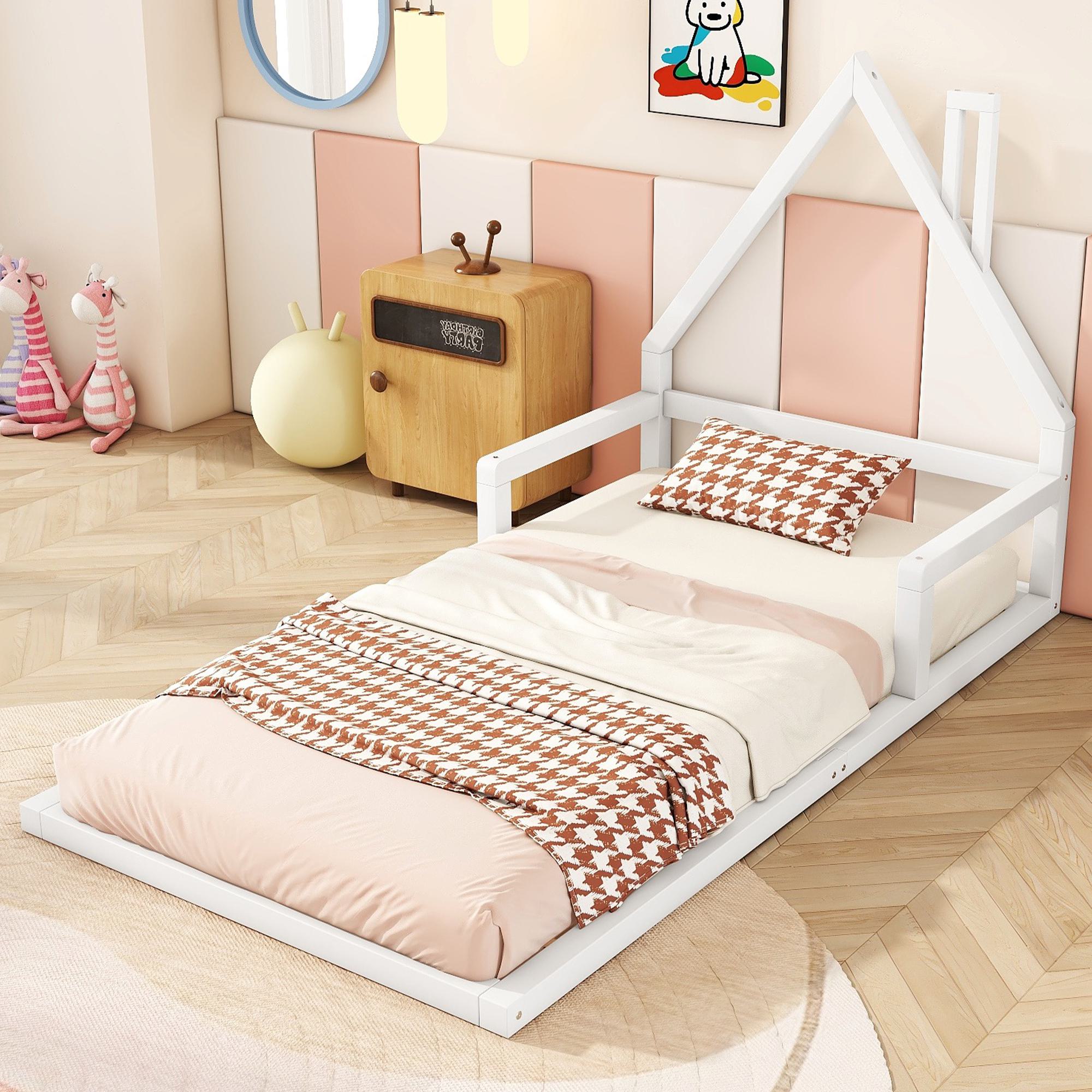En.casa Letto A Casetta Montessori Con Materasso 180x200 Cm - Struttura In Legno Di Pino, Bianco