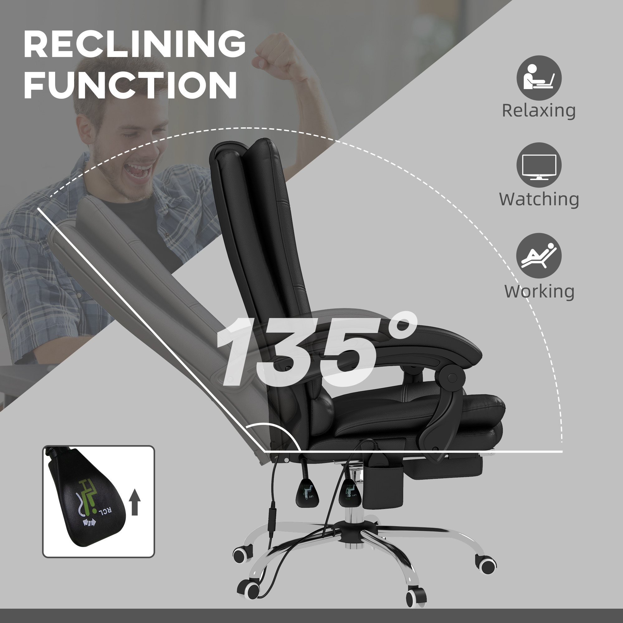 Vinsetto High Back Vibration Massage Office Chair, Heated Reclining PU Leather Computer Chair with 135° Reclining Back and Footrest, Black 6