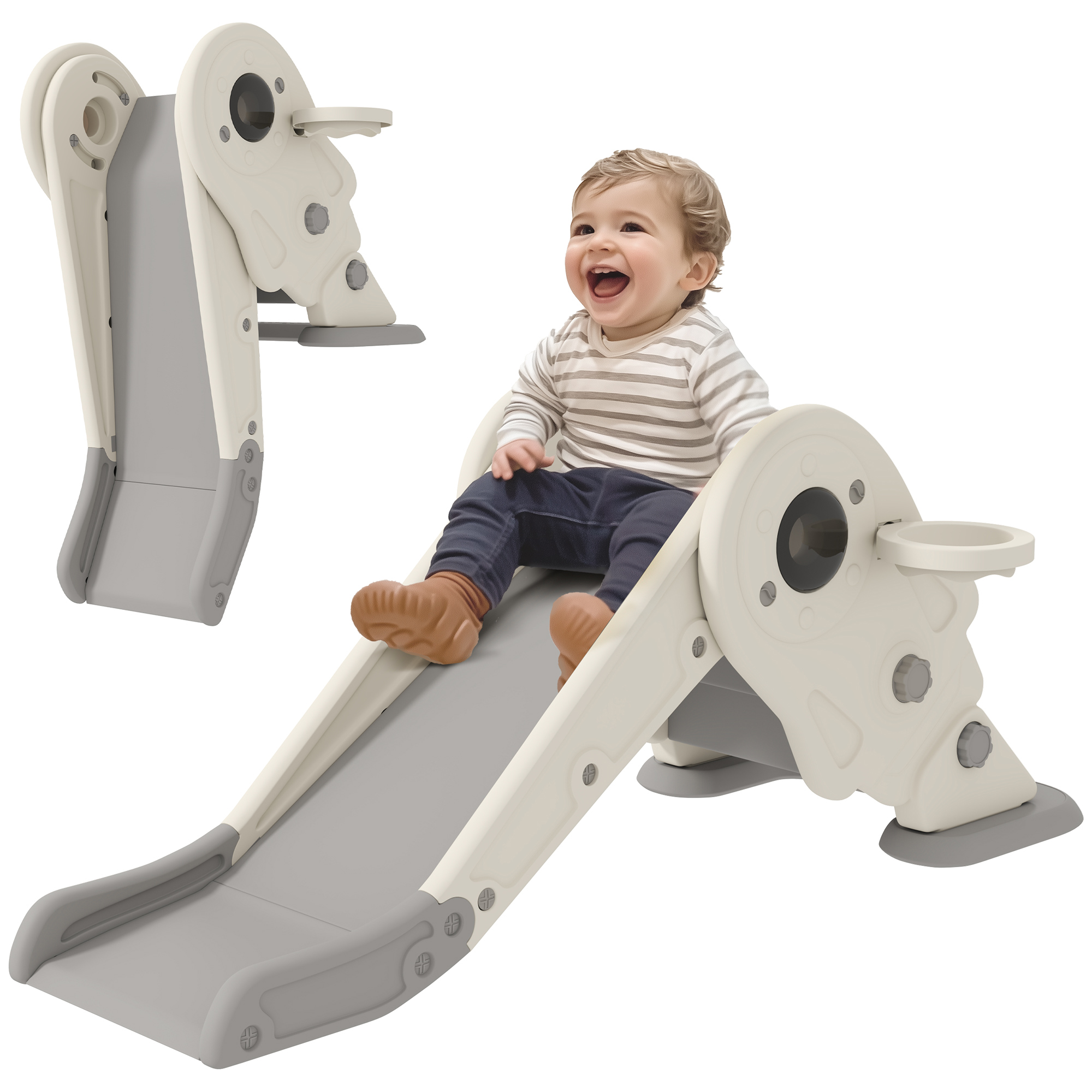 AIYAPLAY 3 in1 Kids Slide with Basketball Hoop, Climber, Anti-slip Steps for Toddlers Age 2-5, Cream from Aosom IE