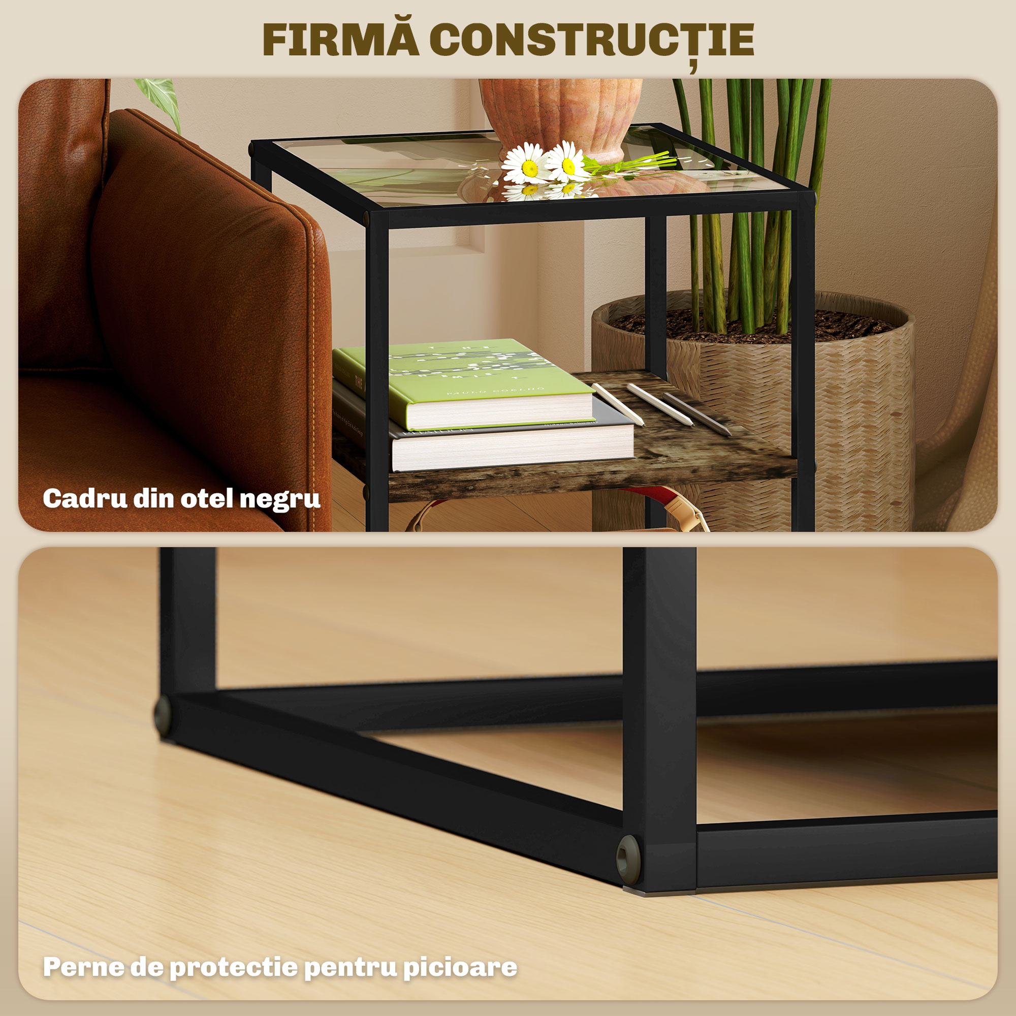  Set 2 Masute  cu 3 Niveluri si Baza inaltata, Masute din Lemn, Metal si Blat din Sticla Calita, 37x40x55,5 cm, Maro [6]