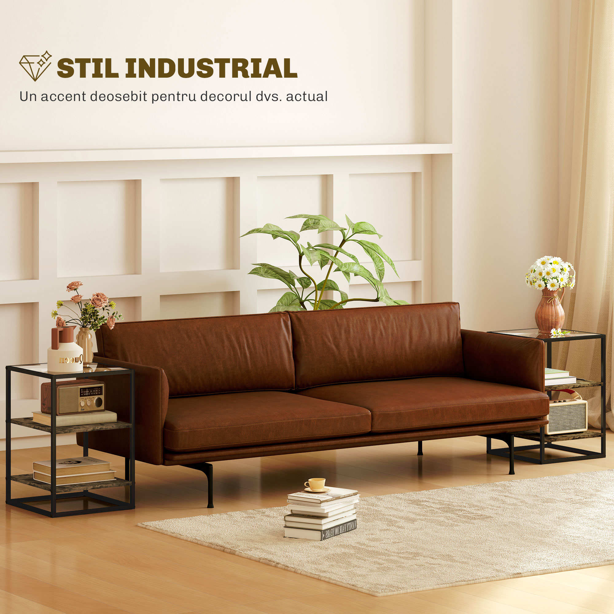  Set 2 Masute  cu 3 Niveluri si Baza inaltata, Masute din Lemn, Metal si Blat din Sticla Calita, 37x40x55,5 cm, Maro [3]