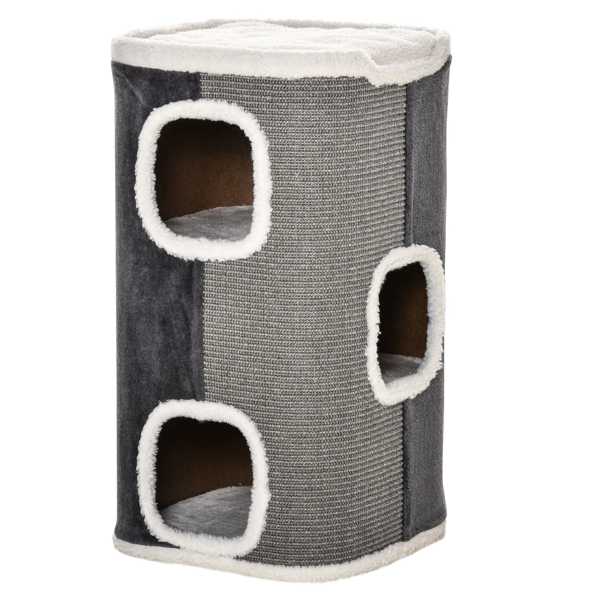 PawHut Barril Rascador para Gatos 74 cm con 3 Cuevas de Sisal Felpa Plataforma de Lana 40x40x74 cm Gris   Aosom España