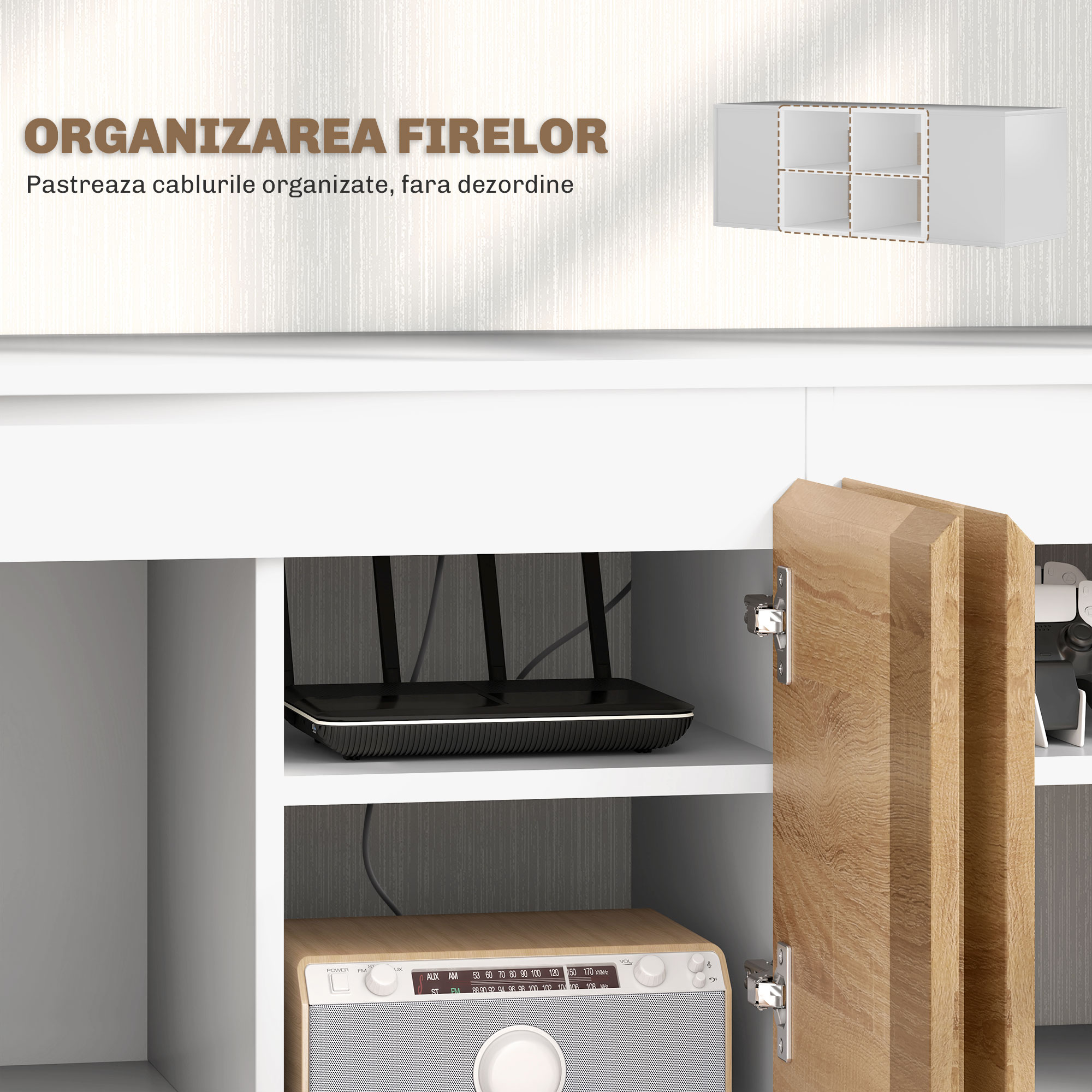  Set Mobilier TV si Dulap Suspendat cu 7 Rafturi si Raft Deschis, Mobilier pentru TV din PAL, 120x41x43,3 cm, Alb [5]