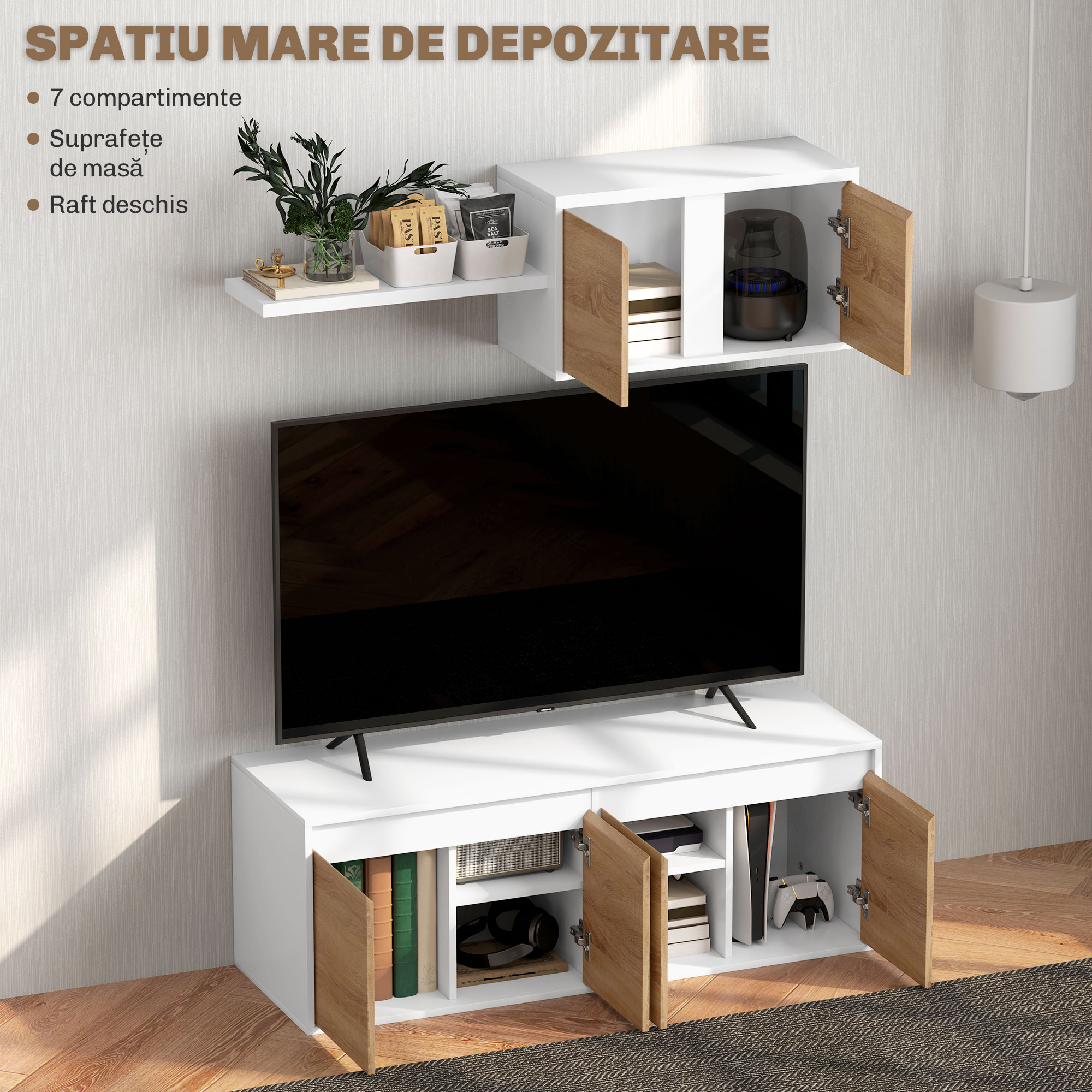 Set Mobilier TV si Dulap Suspendat cu 7 Rafturi si Raft Deschis, Mobilier pentru TV din PAL, 120x41x43,3 cm, Alb [4]