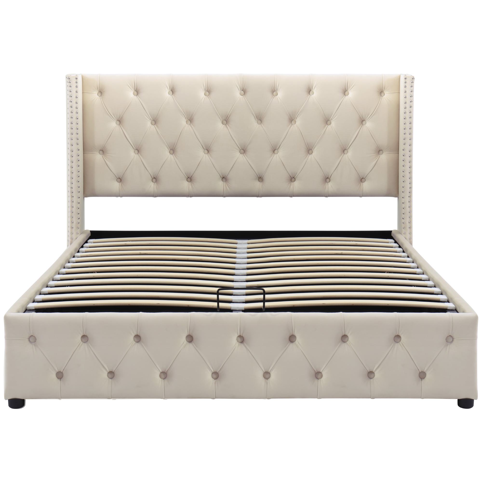 Cama tapizada con cajón hidráulico y somier, sin colchón, 140×200 cm, Beige