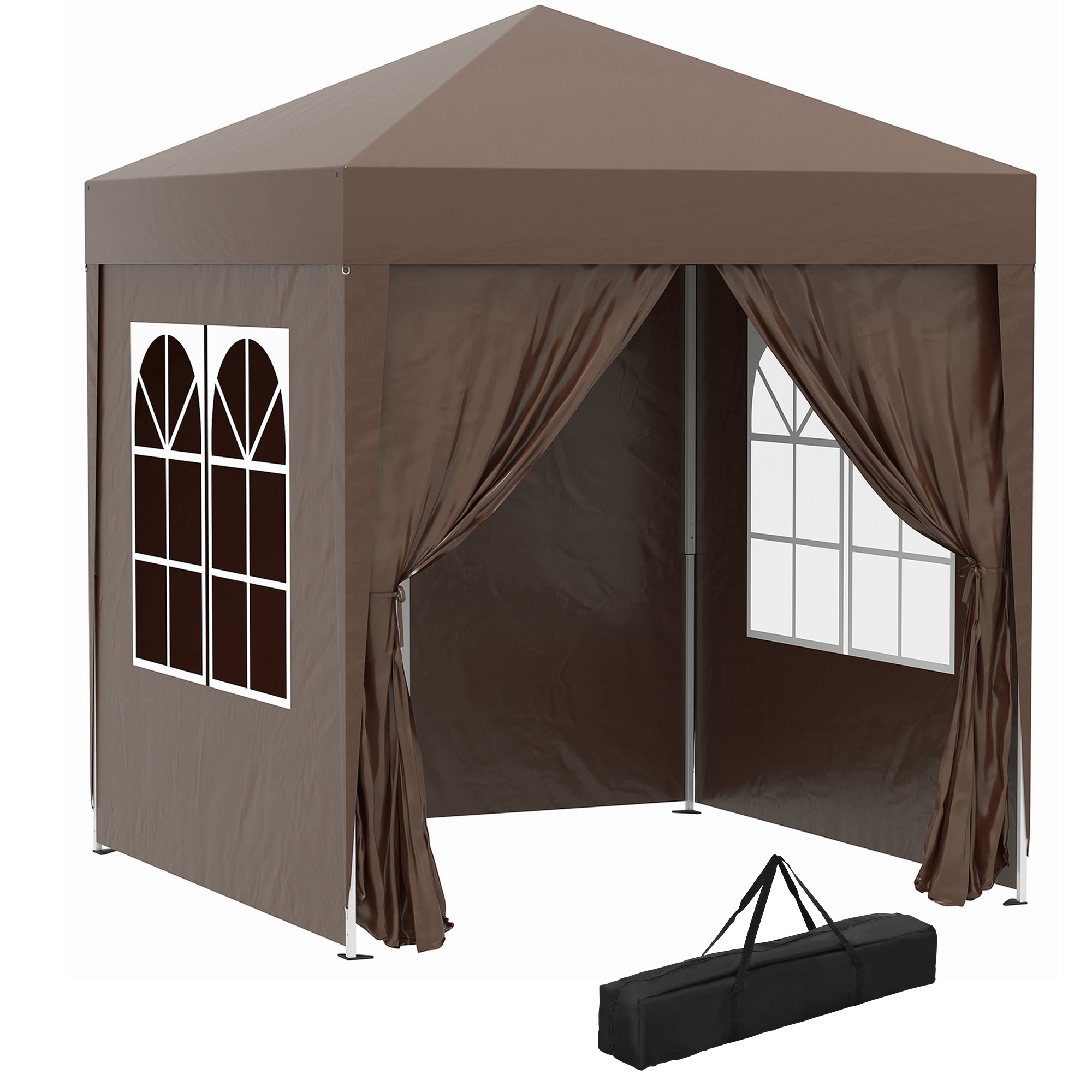 Outsunny Carpa Plegable 2x2m Cenador de Jardín Marrón 4 Paredes Laterales Tela Oxford 2 Puertas 2 Ventanas Bolsa de Transporte   Aosom España