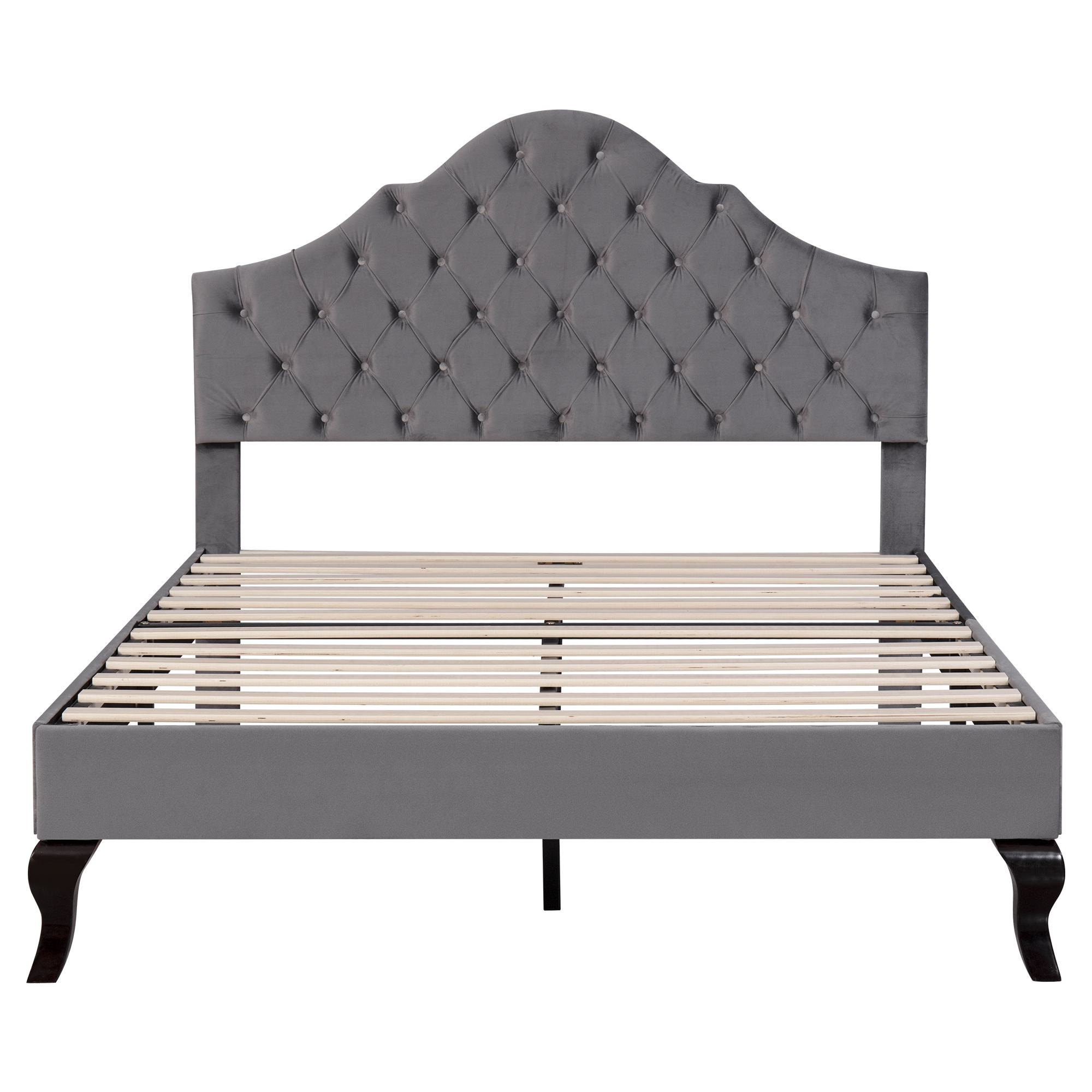 Cama tapizada con cabecero ajustable en altura y somier, sin colchón, 140×200 cm, Gris