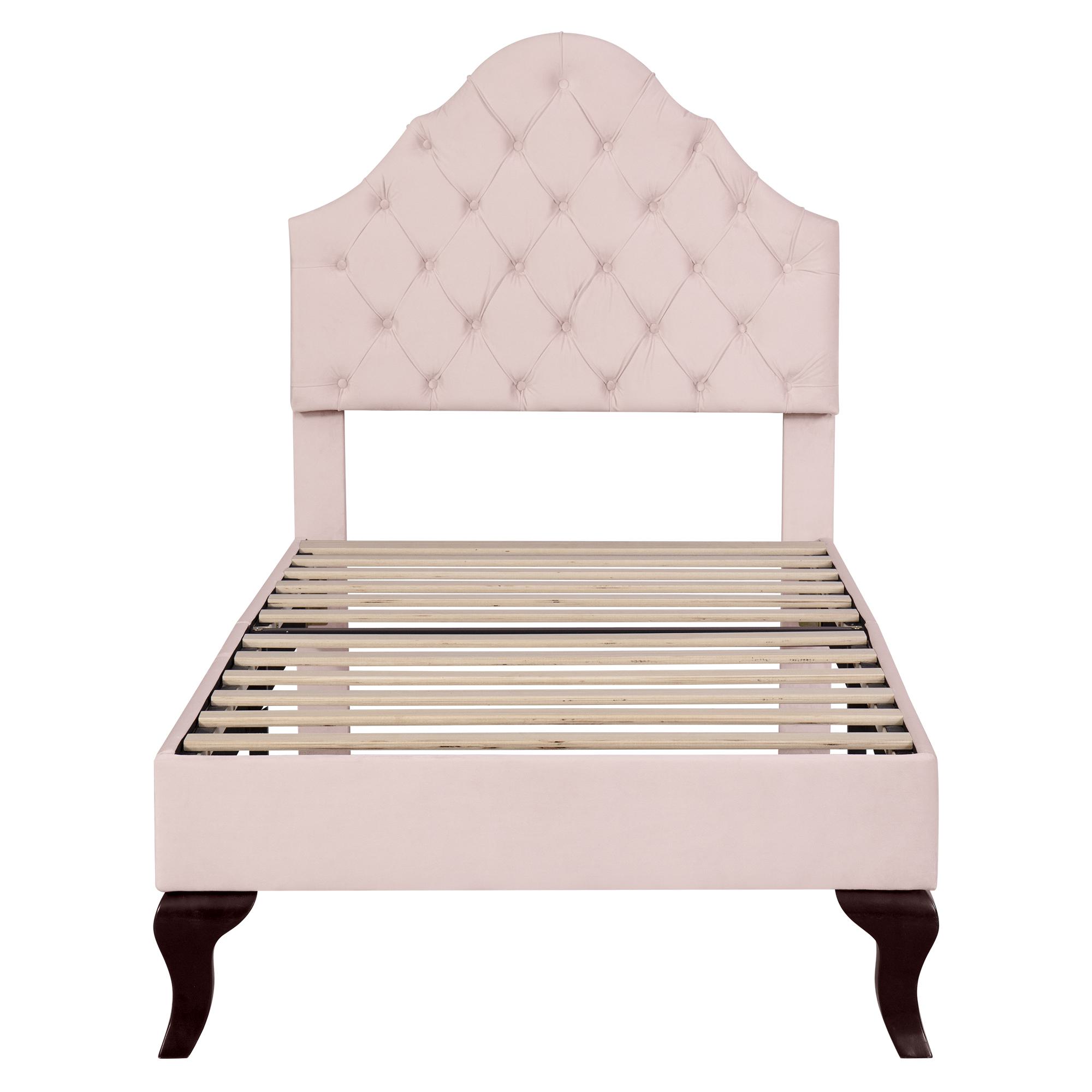 Cama tapizada con cabecero ajustable en altura y somier, sin colchón, 90×200 cm, Rosa