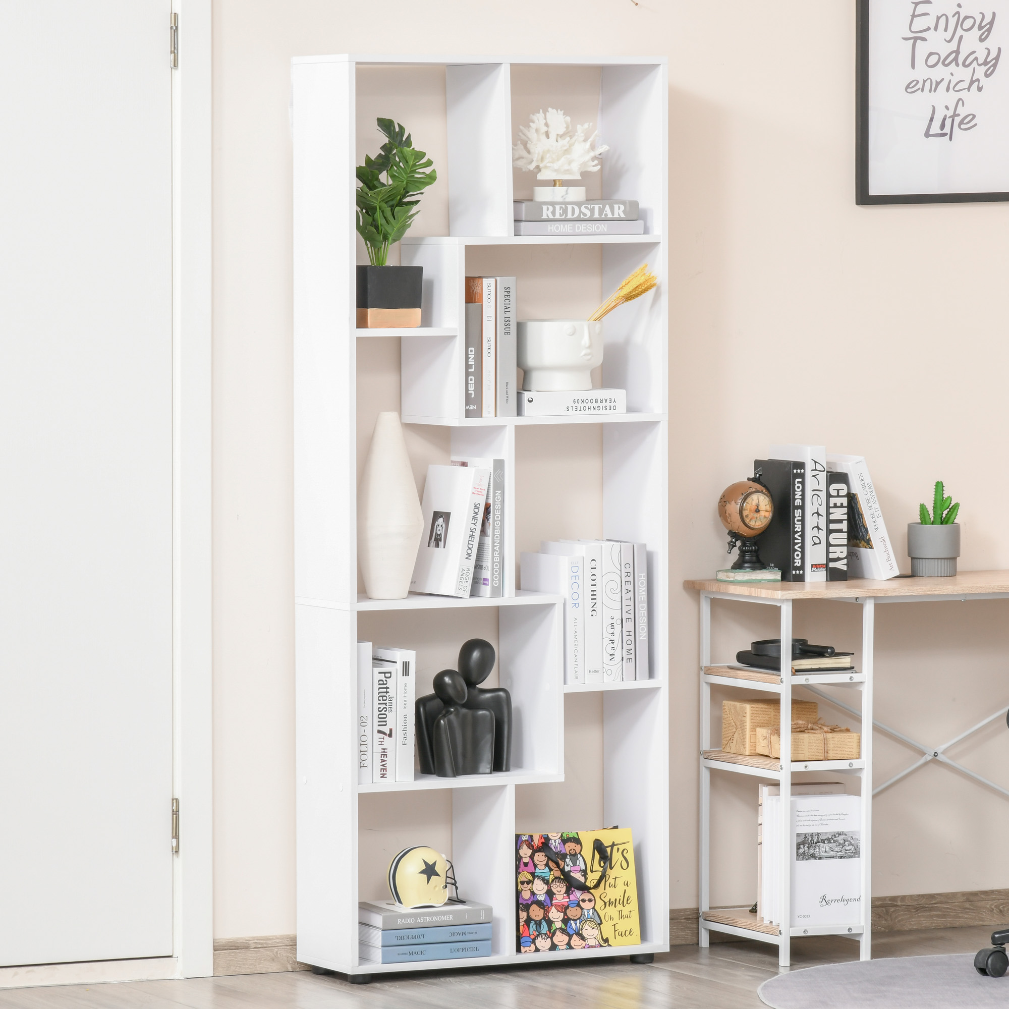 HOMCOM Libreria Moderna A 5 Livelli Con 8 Ripiani Aperti E Design Sfalsato In Pannelli Di Truciolato 120x20x171 Cm Grigia E Bianca