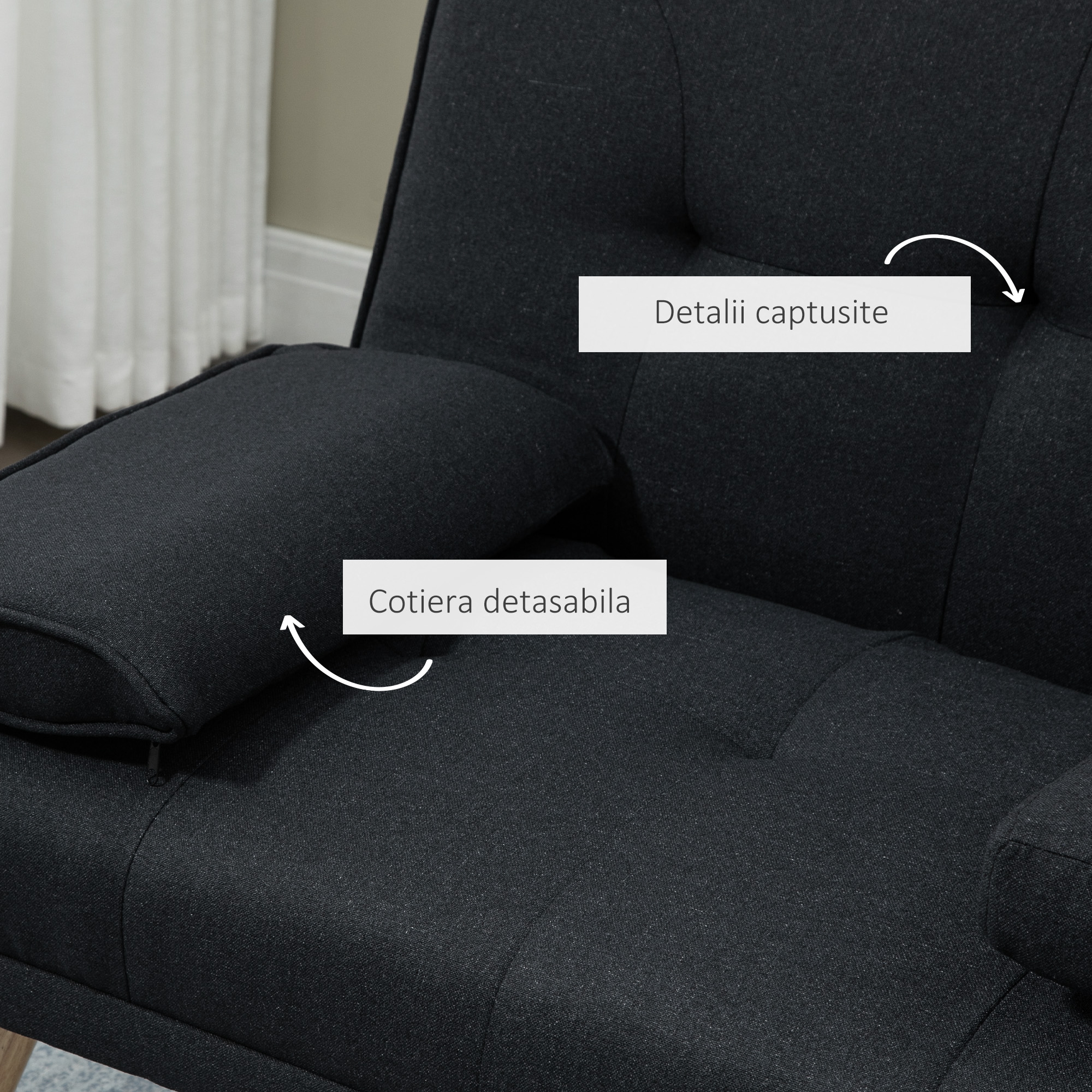  Canapea Extensibila 3 Locuri Rabatabila cu Tapiterie cu Efect de In si Masuta Pliabila, Gri [5]