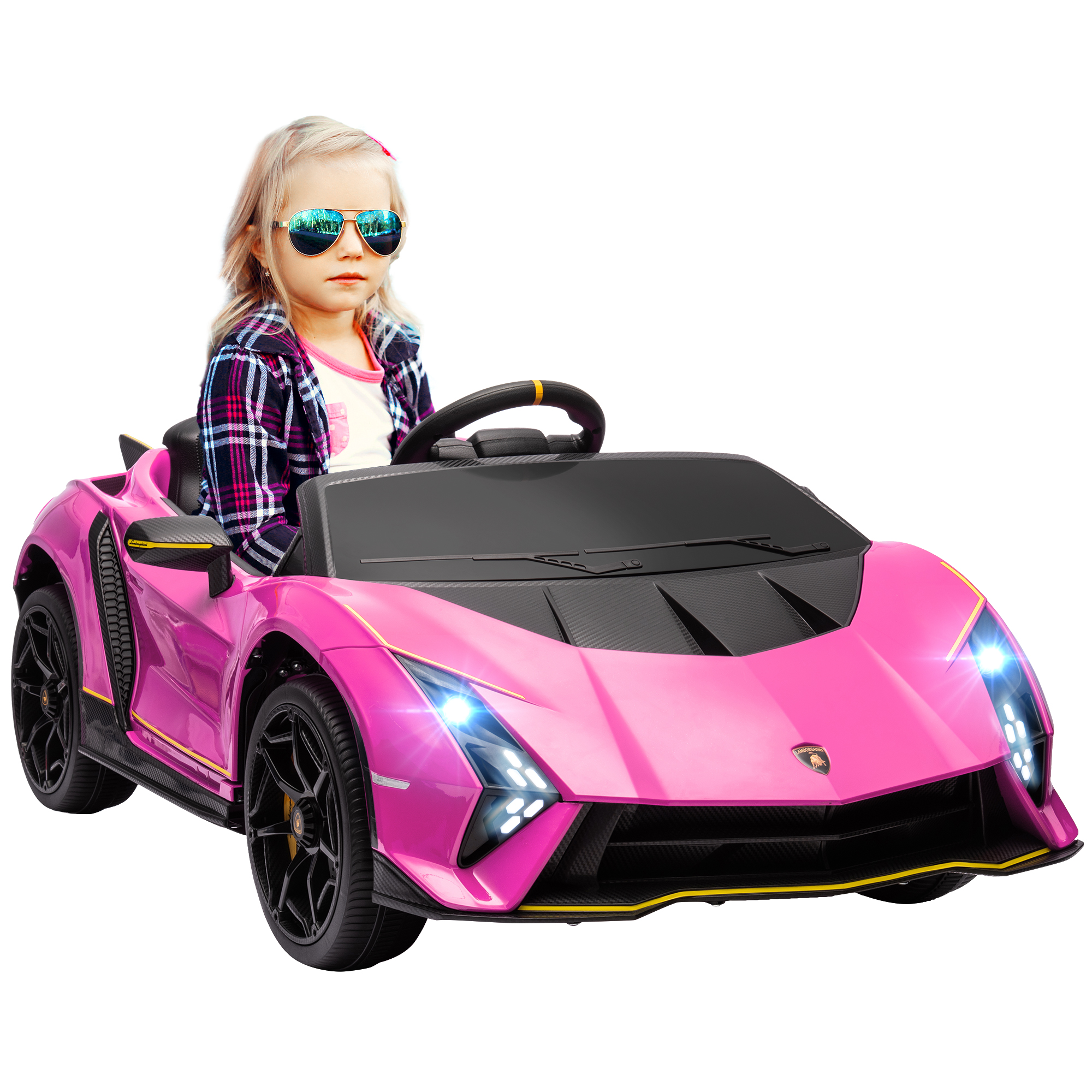 AIYAPLAY Coche Eléctrico para Niños Lamborghini Autentica con Batería 12V Mando a Distancia Faros Bocina Arranque Suave y Música MP3 Rosa