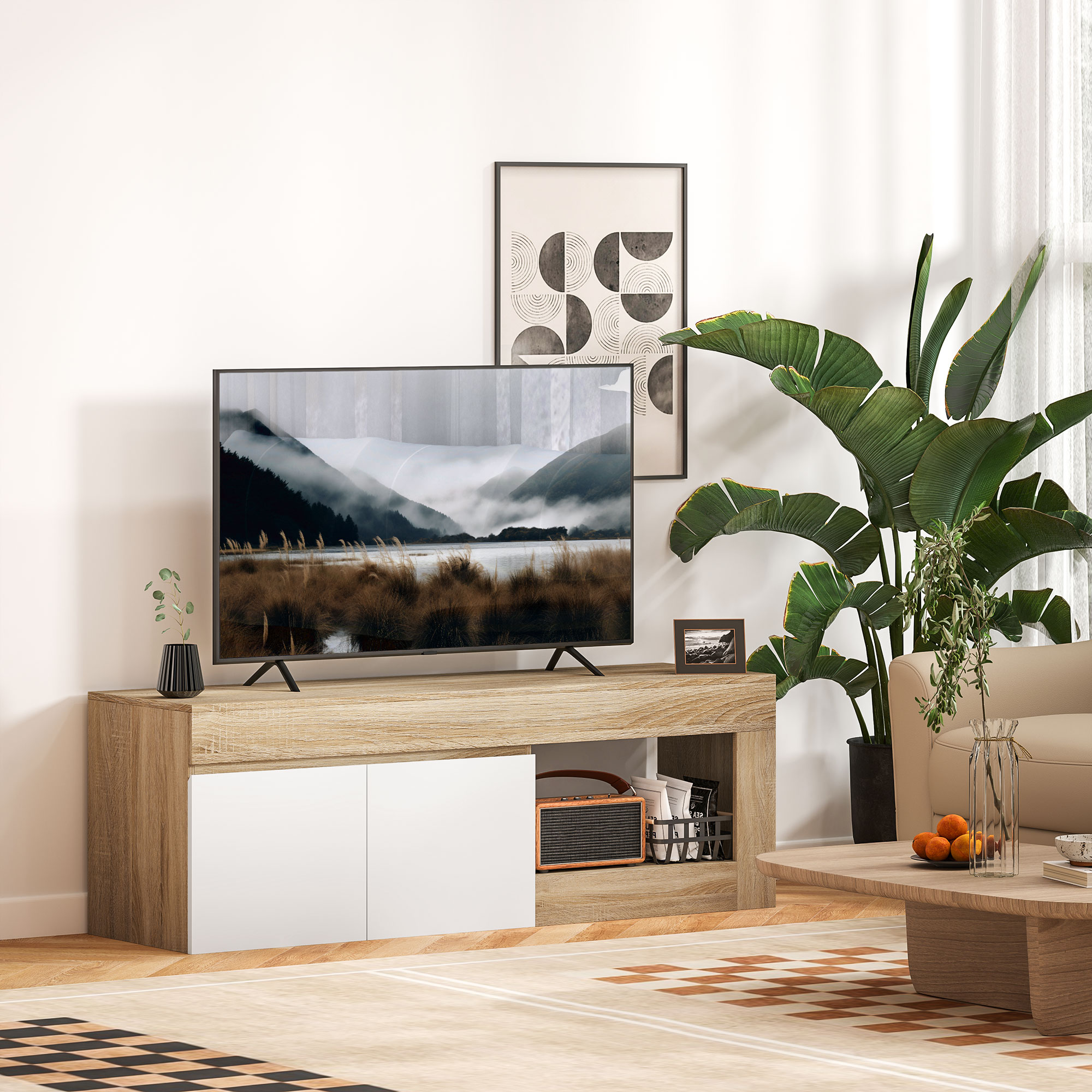  Dulap pentru TV de 60" cu Dulapior, 2 Usi si Raft Deschis, Mobilier TV din Lemn, 140x40x48 cm, Lemn Natural [1]