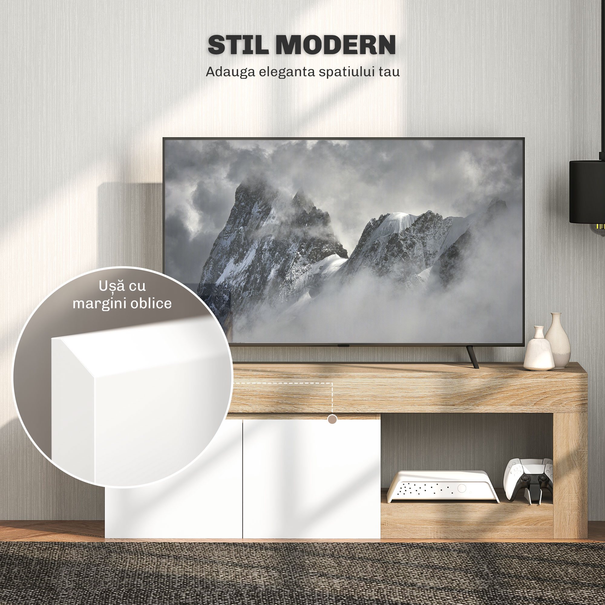  Dulap pentru TV de 60" cu Dulapior, 2 Usi si Raft Deschis, Mobilier TV din Lemn, 140x40x48 cm, Lemn Natural [3]