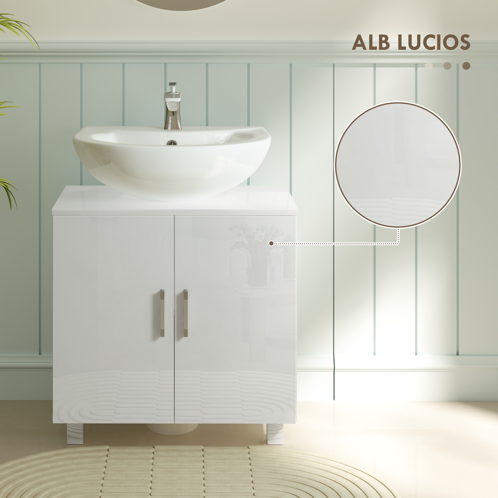  Mobilier Sub Chiuveta pentru Baie cu 2 Usi, Raft Central, Maner si Picioare Antiderapante, 60x35x60 cm, Alb Lucios [5]