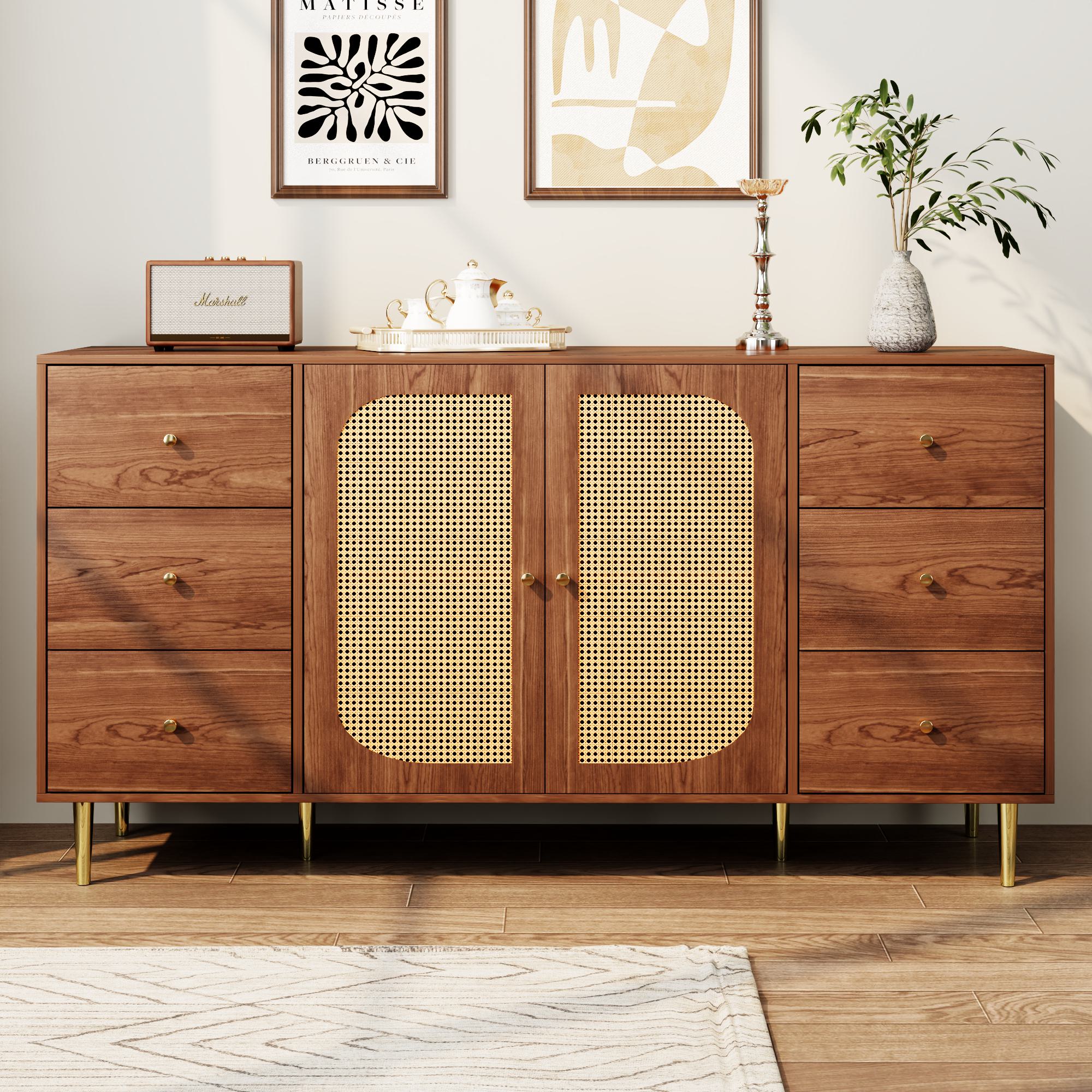 Product photograph of Modern Sideboard With Rattan Door Design 6 Drawers Wooden Texture And Gold Metal Legs For Hallway 160l X 40w X 90h Cm Natural Walnut Aosom Uk from Aosom UK