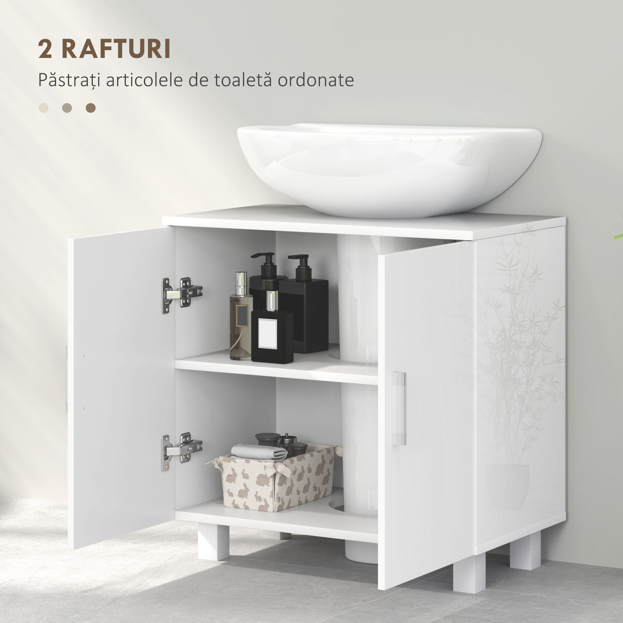 Mobilier Sub Chiuveta pentru Baie cu 2 Usi, Raft Central, Maner si Picioare Antiderapante, 60x35x60 cm, Alb Lucios [4]