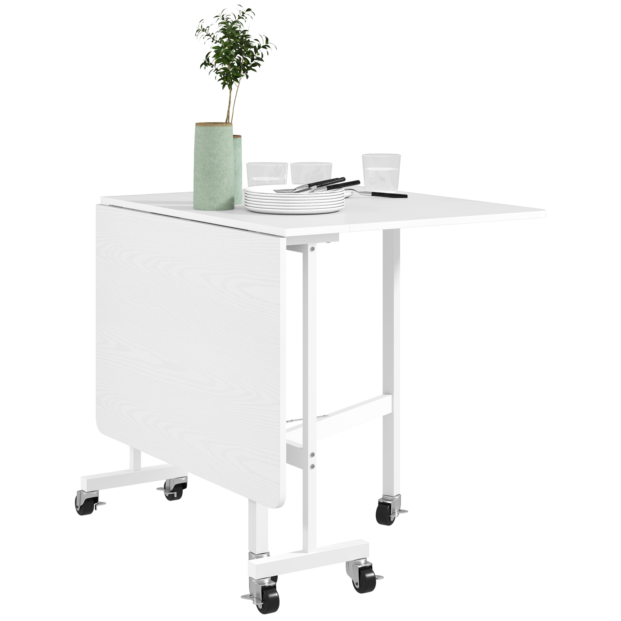 HOMCOM Mesa de Comedor Plegable para 4-6 Personas con Ruedas y Alas Abatibles Mesa Abatible para Cocina 120x80x73 cm Blanco