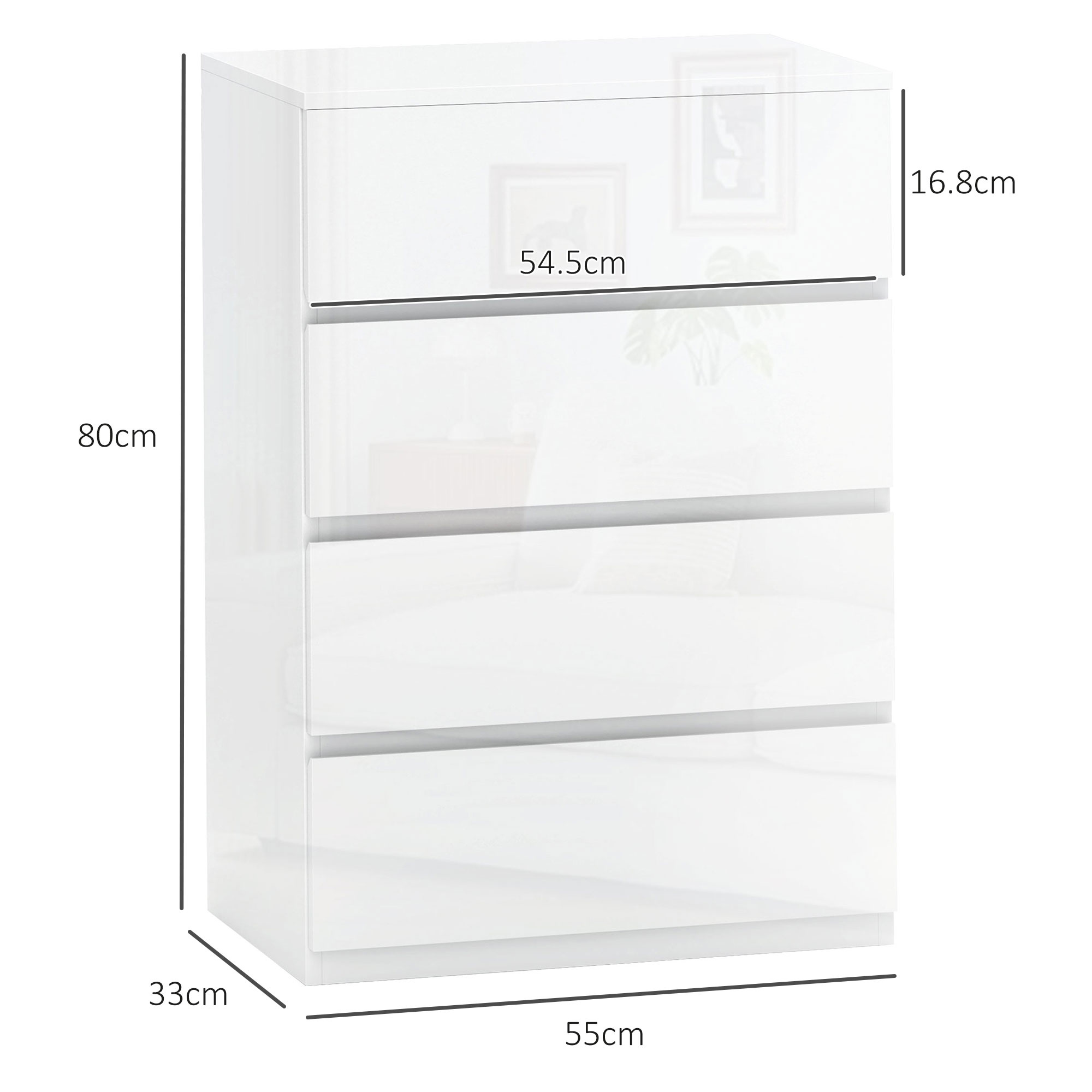  Comoda Moderna cu 4 Sertare Anti-Rasturnare, Comoda din Pal Melaminat, 55x33x80 cm, Alb Lucios [2]