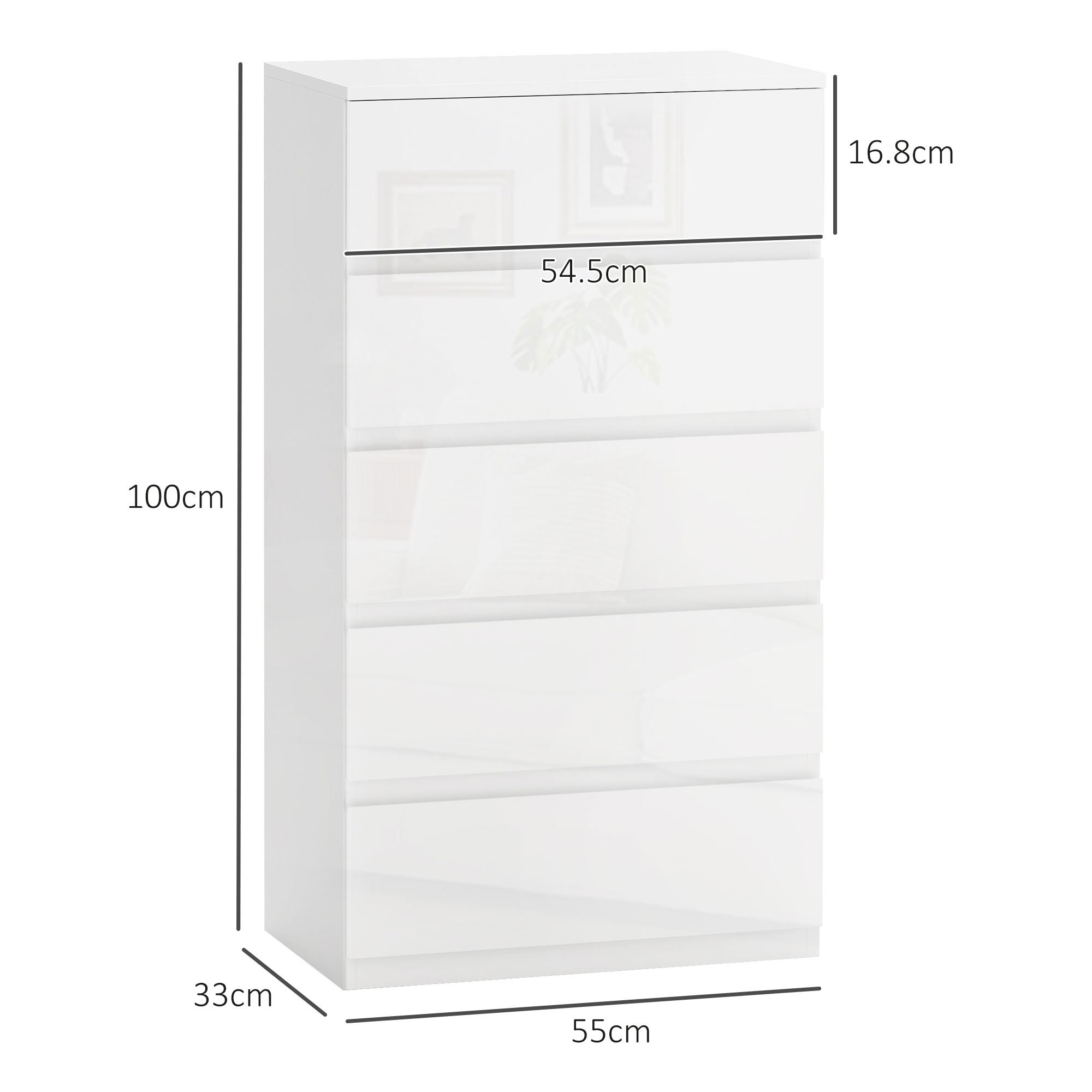  Comoda Moderna Anti-rasturnare, Comoda cu 5 Sertare din Pal Melaminat, 55x33x100 cm, Alb Lucios [2]