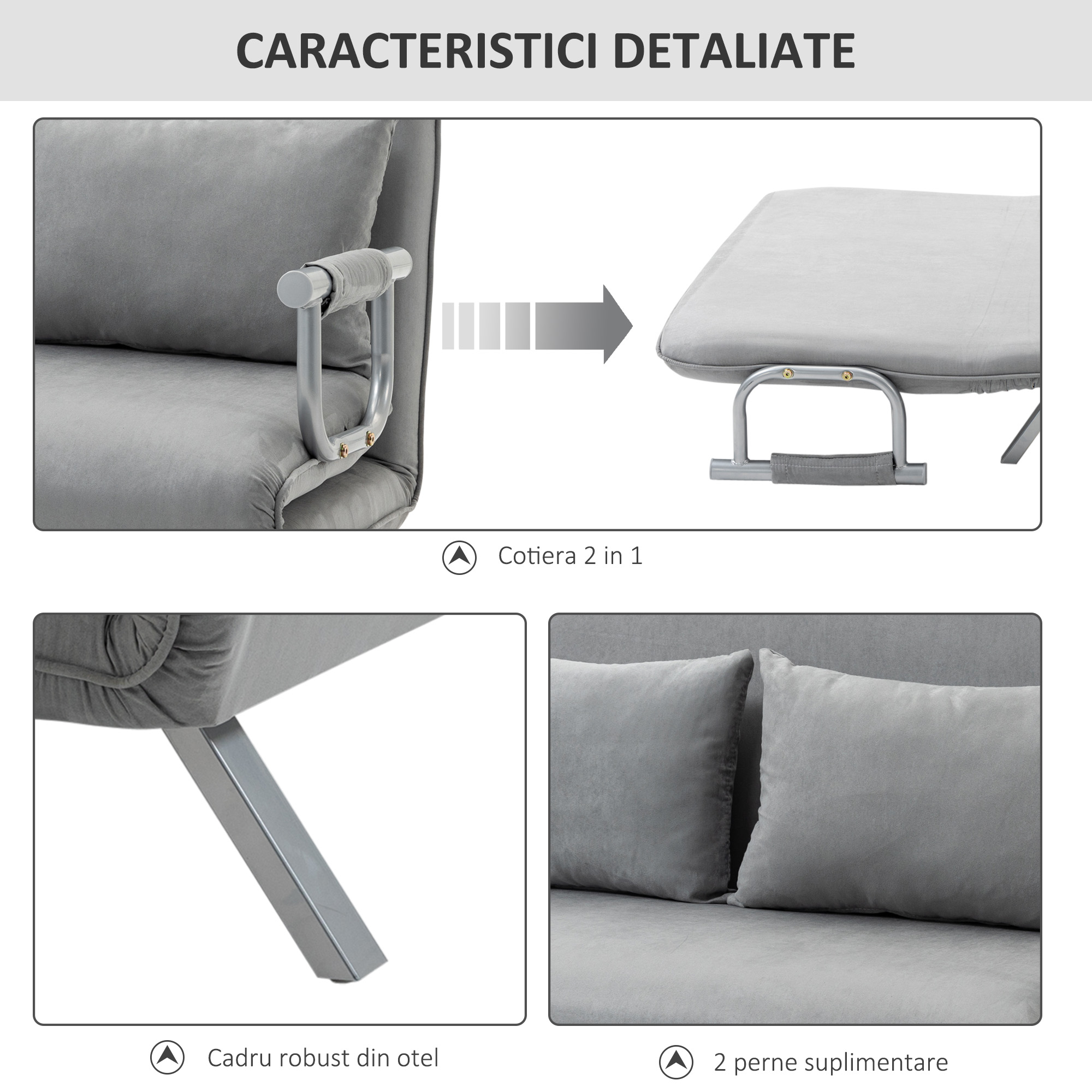  Canapea Pat de 2 Locuri cu Spatar Reglabil pe 5 Nivele, Canapea Pat Pliabila cu 2 Perne, 105x80x78 cm, Gri Deschis [4]