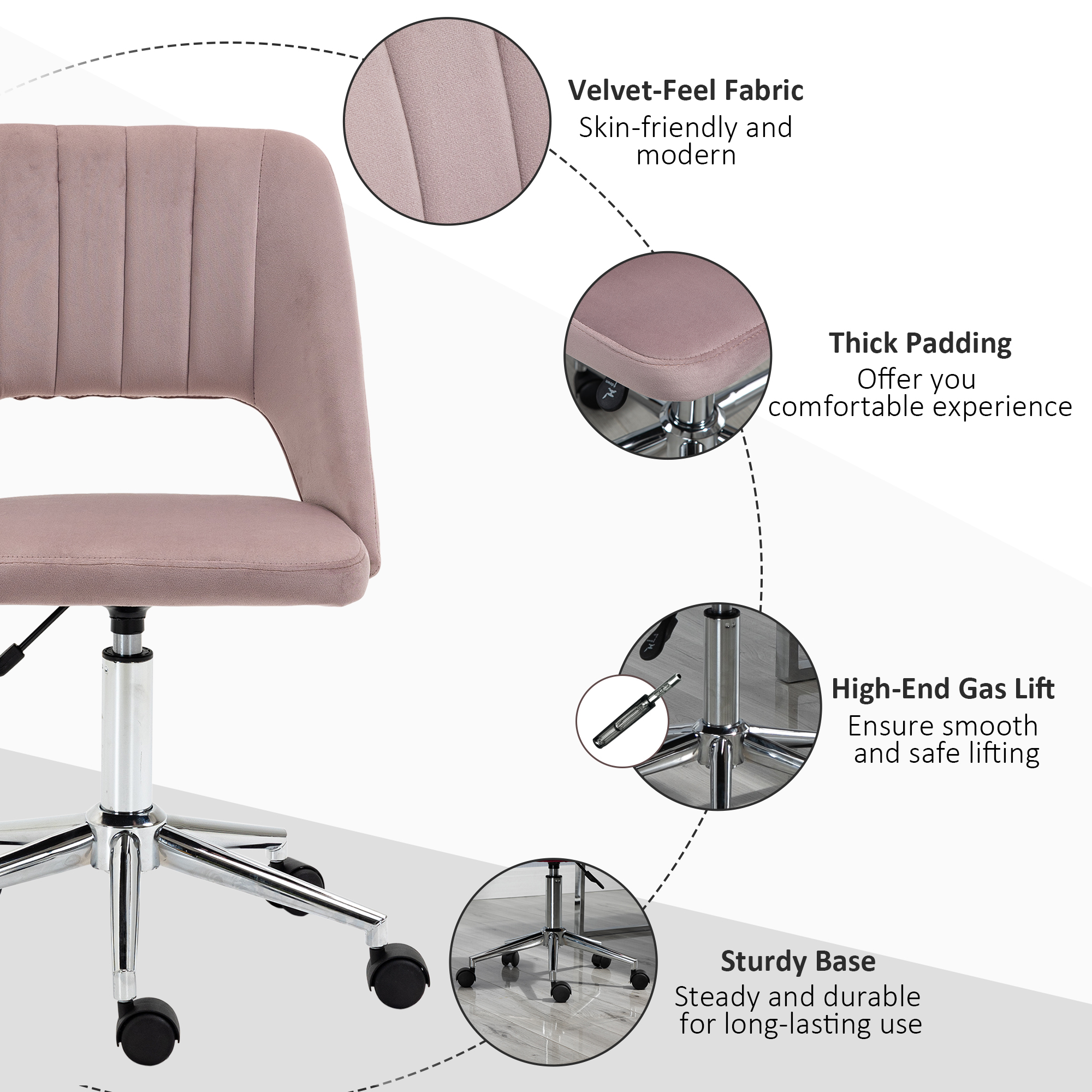 Vinsetto Armless Velvet-Feel Office Chair Pink 7