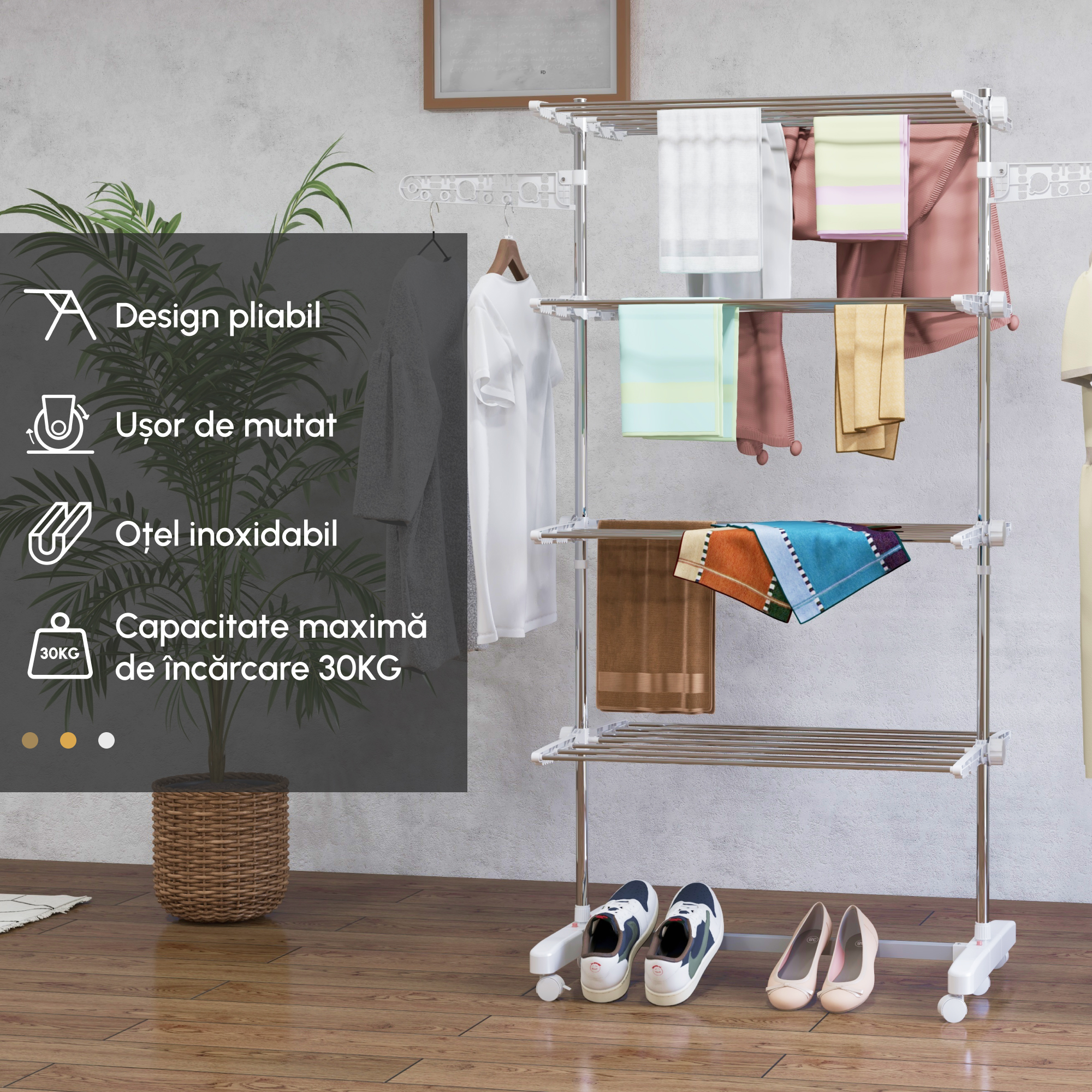  Uscator de Rufe Vertical Pliabil cu 6 Roti, Carlige si 4 Rafturi Reglabile, 142x55x172 cm, Alb [3]