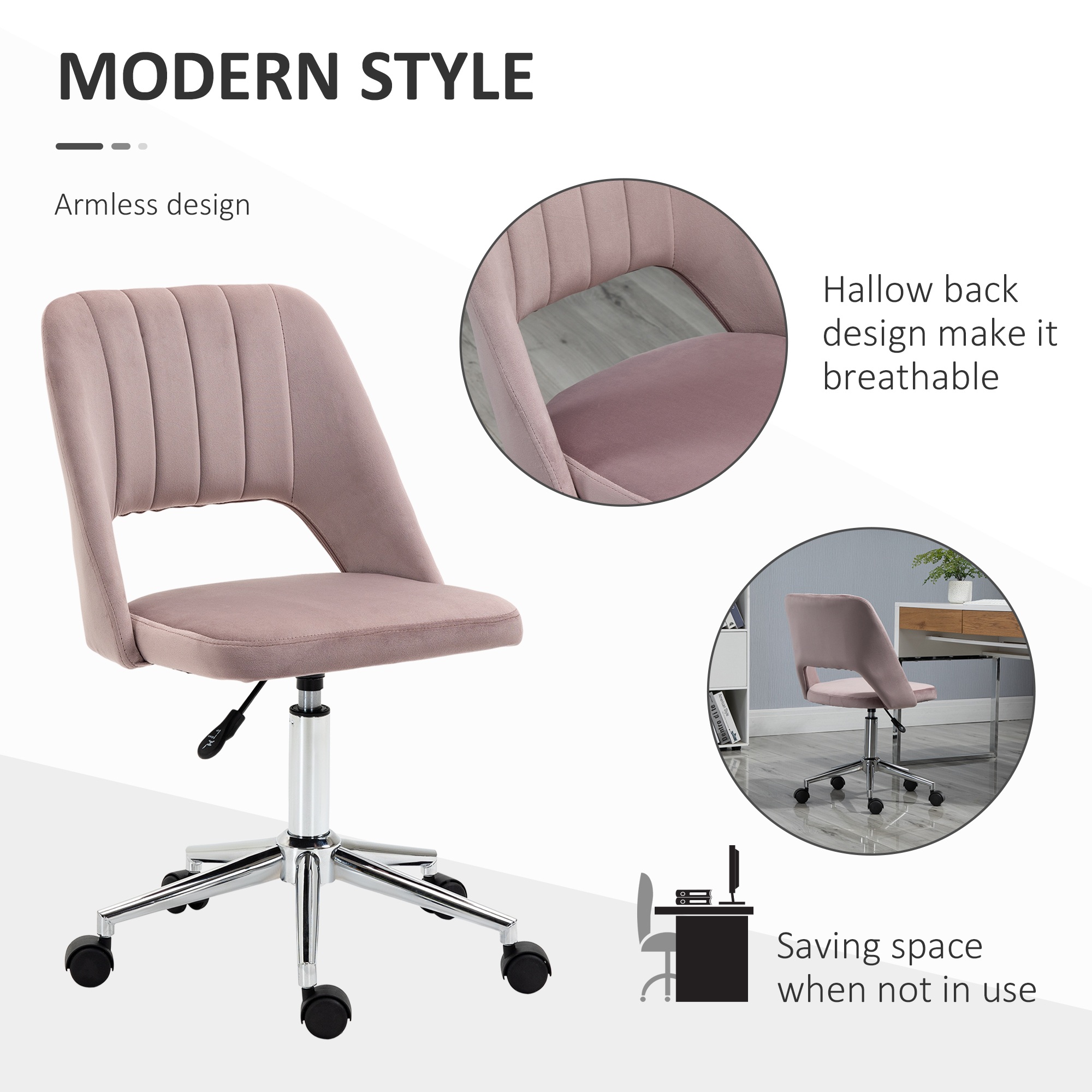 Vinsetto Armless Velvet-Feel Office Chair Pink 5