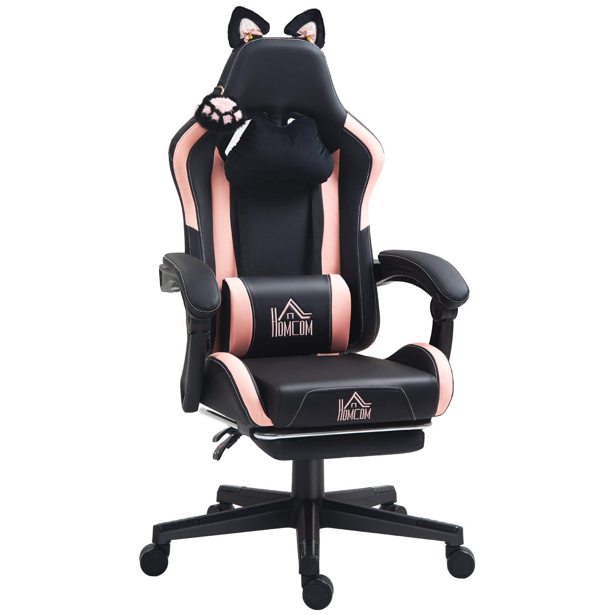 HOMCOM Silla Gamer Reclinable con Altura Ajustable Reposapiés Retráctil Soporte Lumbar y Reposacabezas Desmontable Negro