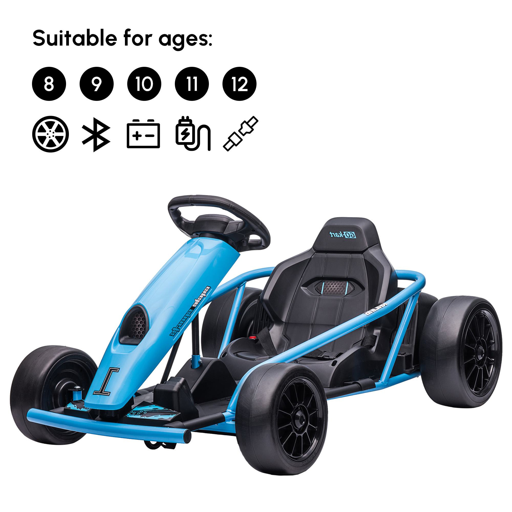 HOMCOM 24V Drift Kart, Electric Ride-On Racing Go Kart w/ 2 Speeds, Steering Wheel, Pedals for Kids Aged 8-12, Blue 8