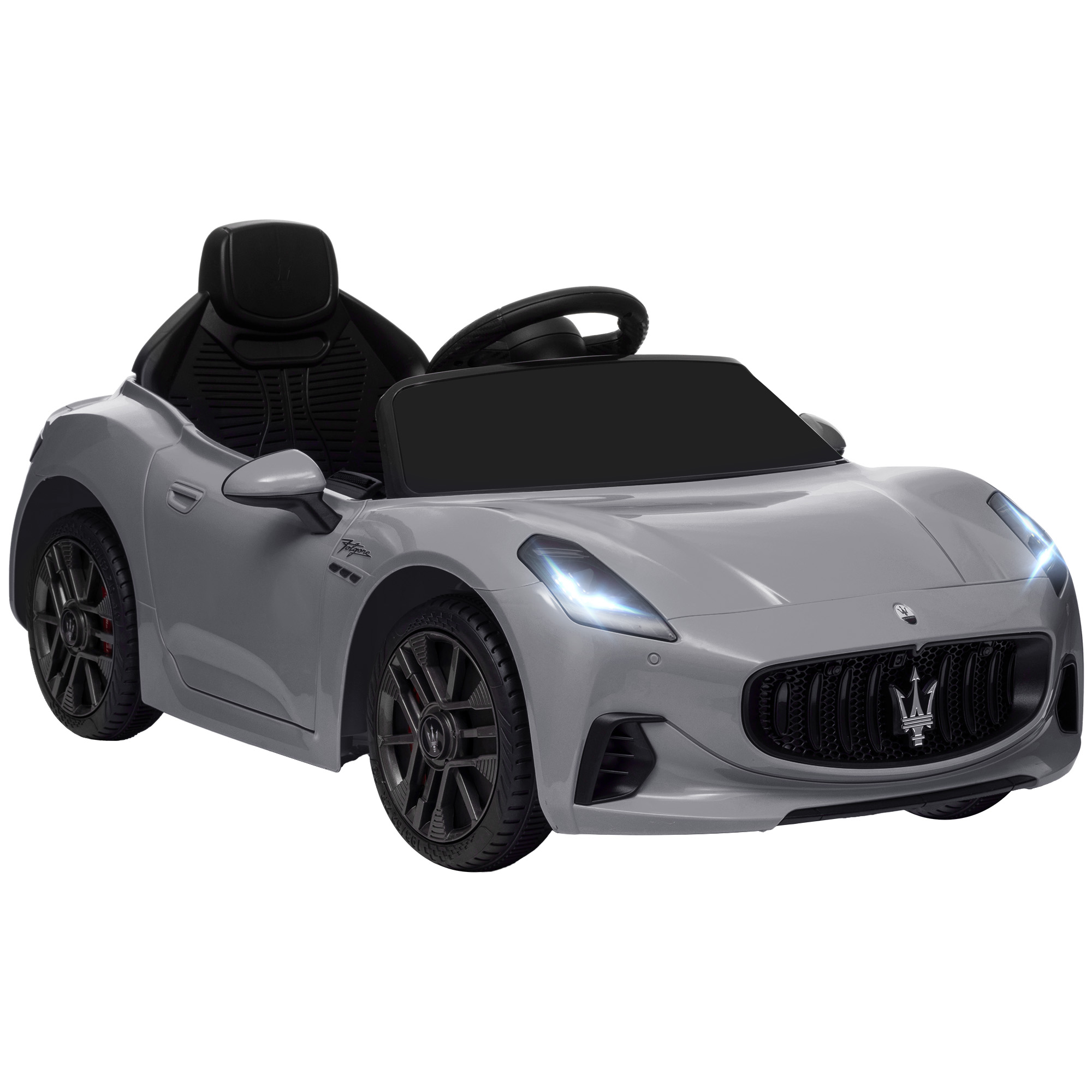 AIYAPLAY Coche Eléctrico Infantil Maserati Gran Turismo Folgore con Batería 12V Mando a Distancia Faros Bocina Música MP3 Gris