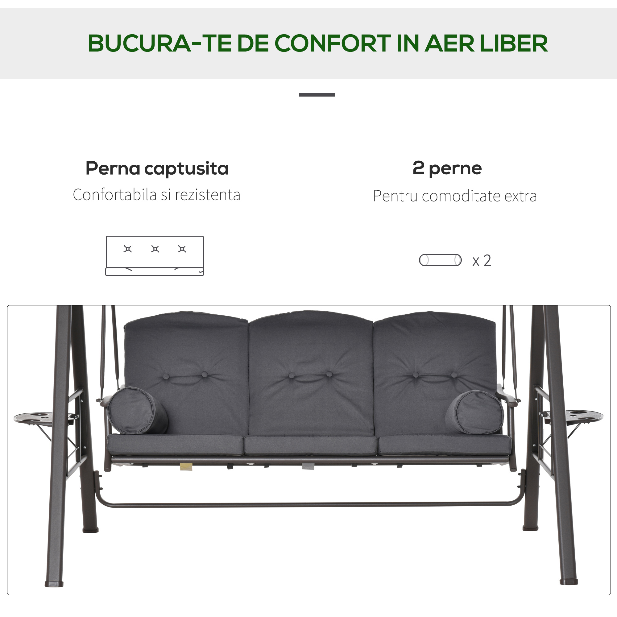  Leagan de Gradina pentru 3 Persoane, Banca Balansoar cu Copertina Reglabila si Perne, 120x208x172 cm, Gri [3]