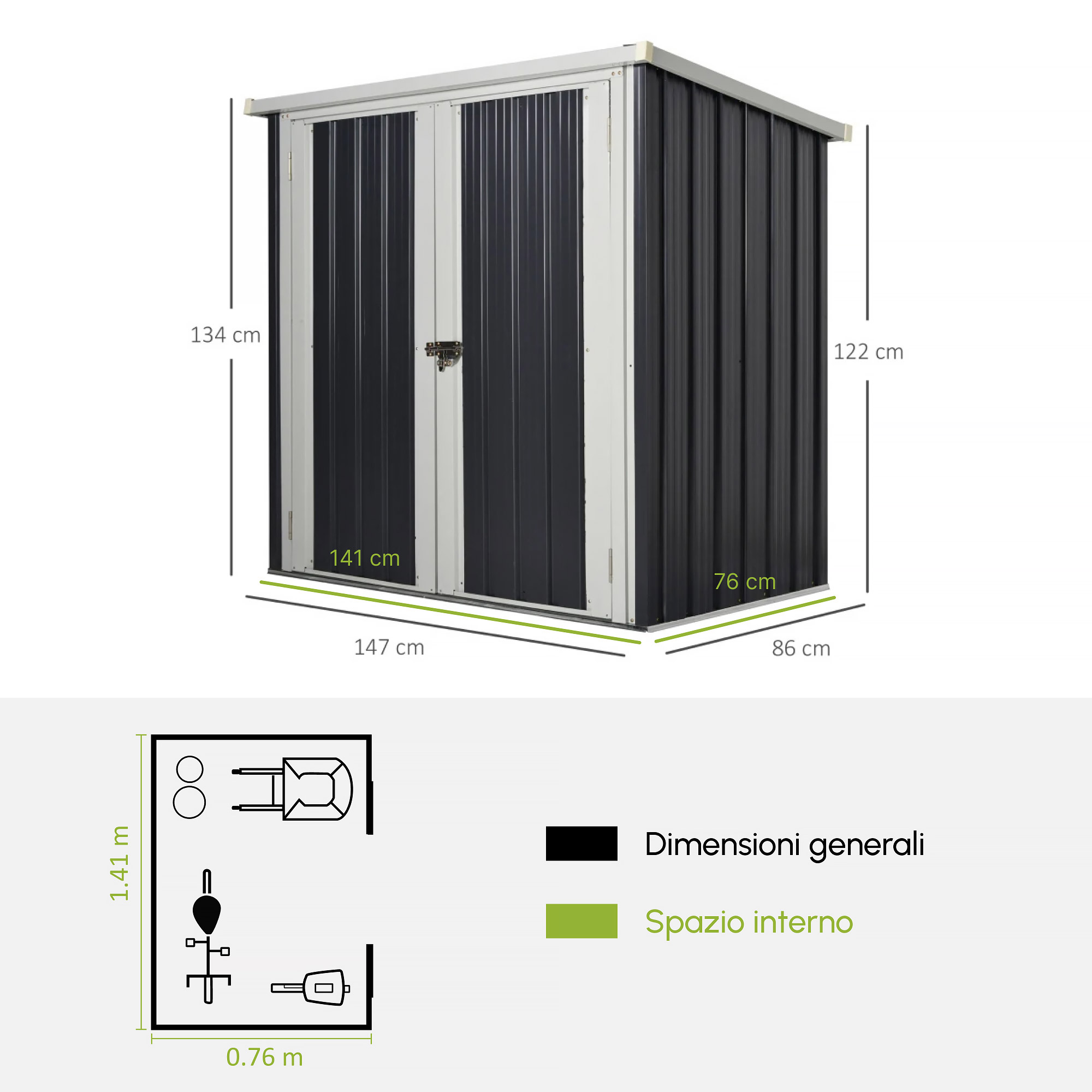 Outsunny Casetta Giardino In Acciaio - Capanno Nero E Bianco Con Doppia Porta A Blocco 147x86x134 Cm