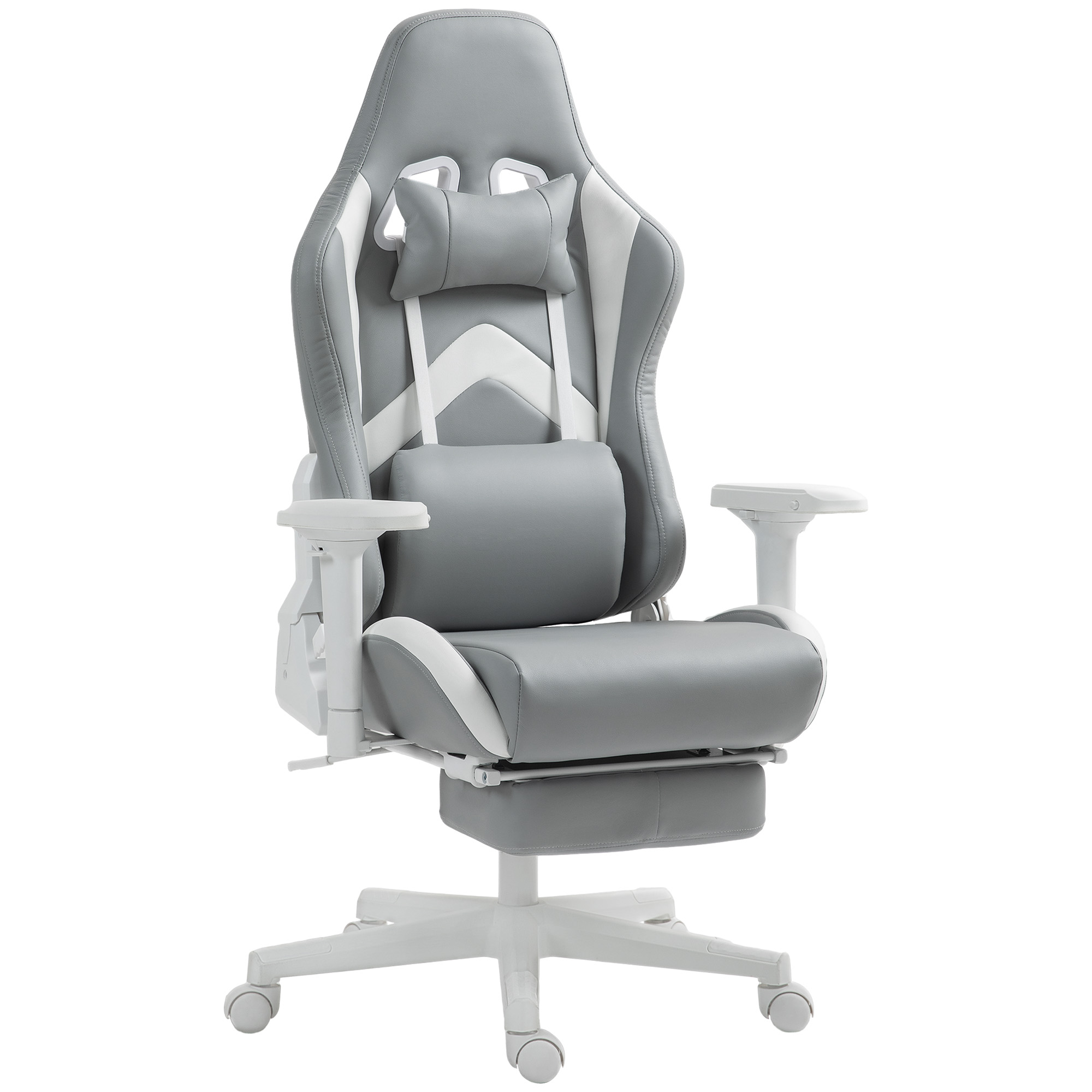 HOMCOM Silla Gamer Reclinable con Altura Ajustable Reposapiés Retráctil Soporte Lumbar y Reposacabezas Gris Claro y Blanco