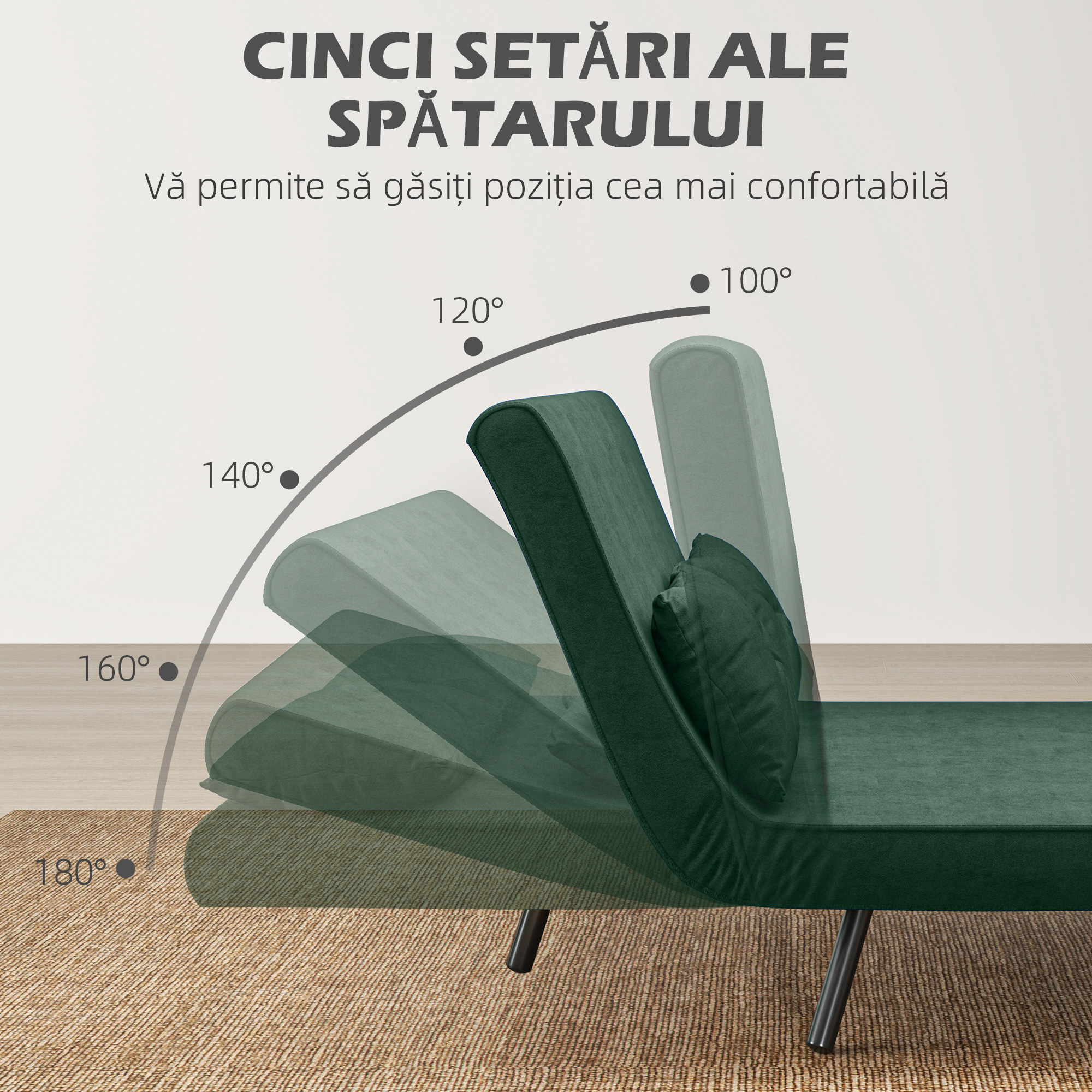  Canapea extensibila 3 in 1 cu material cu efect de catifea, spatar reglabil si 2 perne, 102x73x81 cm, verde [4]