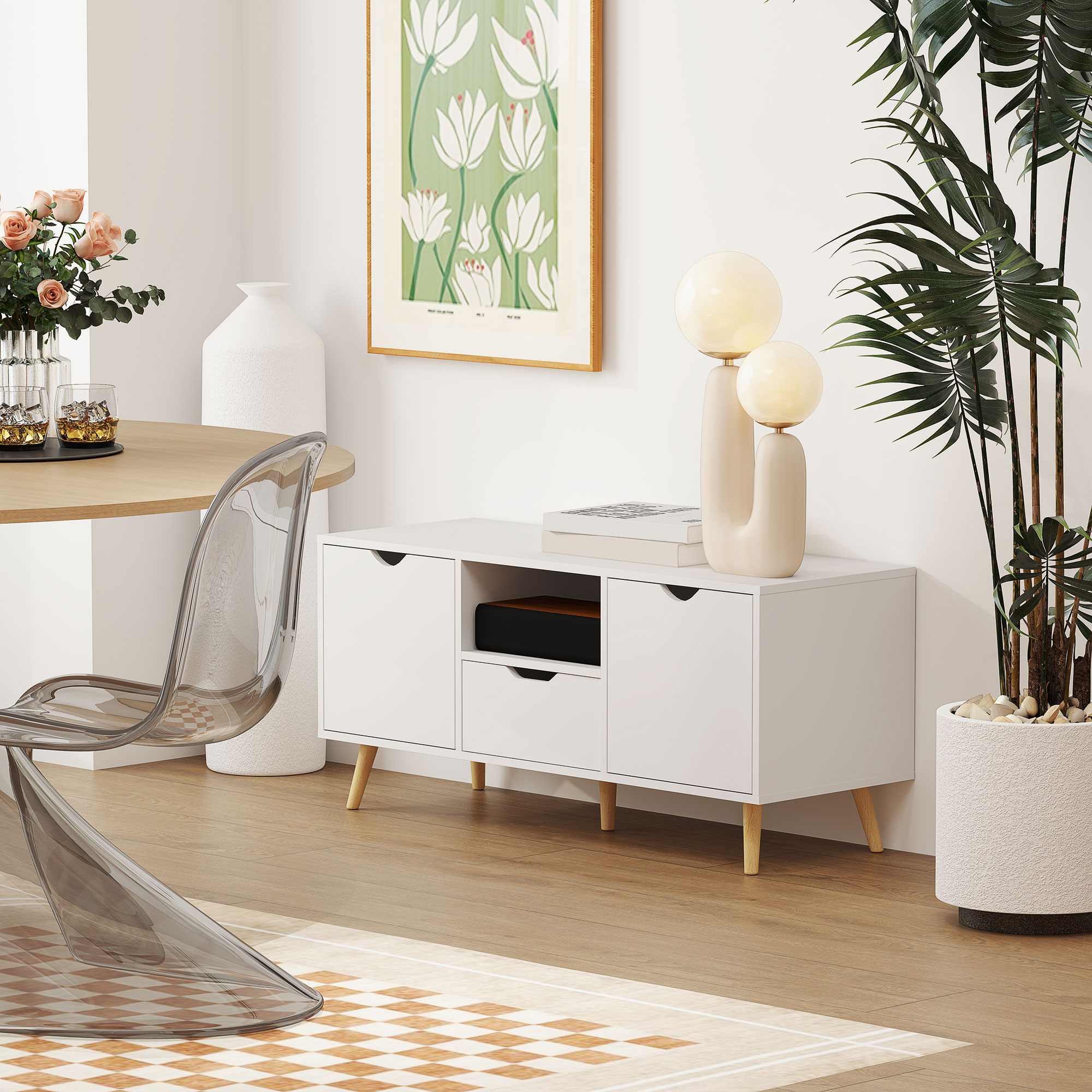  Mobilier TV de 50" cu Sertar, Raft Deschis si 2 Dulapuri, Mobilier TV cu 5 Picioare din Lemn, 110x40x50 cm, Alb [6]