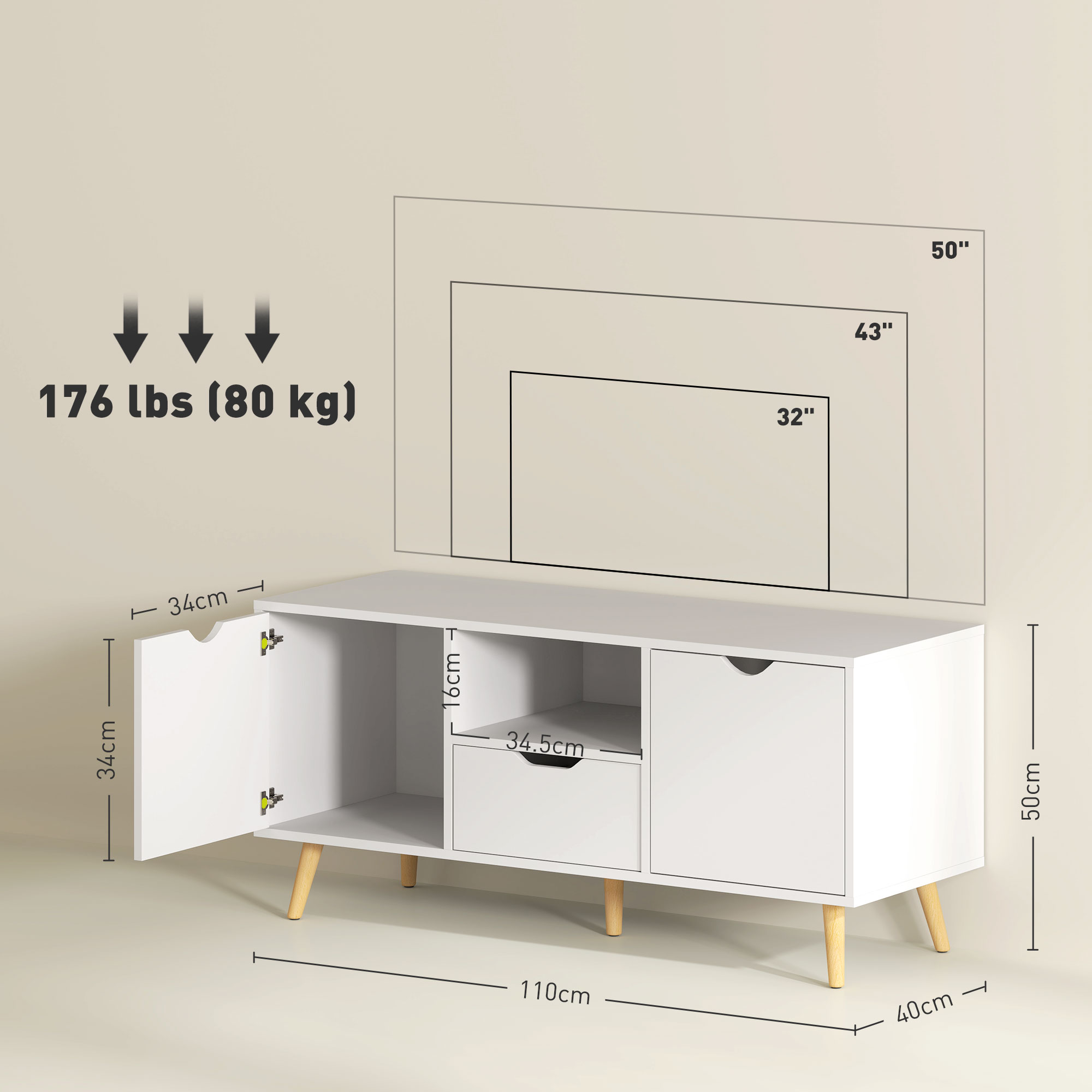  Mobilier TV de 50" cu Sertar, Raft Deschis si 2 Dulapuri, Mobilier TV cu 5 Picioare din Lemn, 110x40x50 cm, Alb [2]