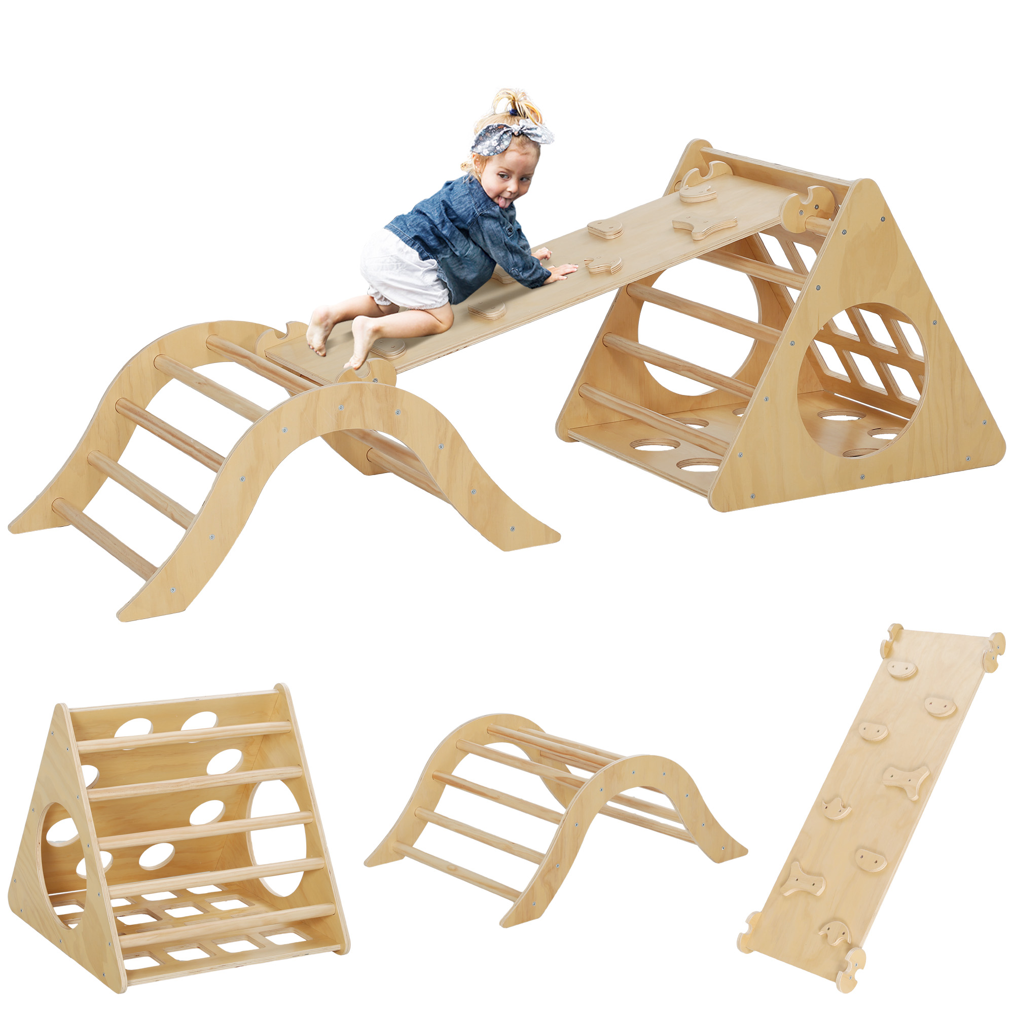 AIYAPLAY Escalada para Niños de 18-48 Meses 8 en 1 con Rampa Escalera de Arco y Bolsa de Arena 175x59,5x60 cm Natural