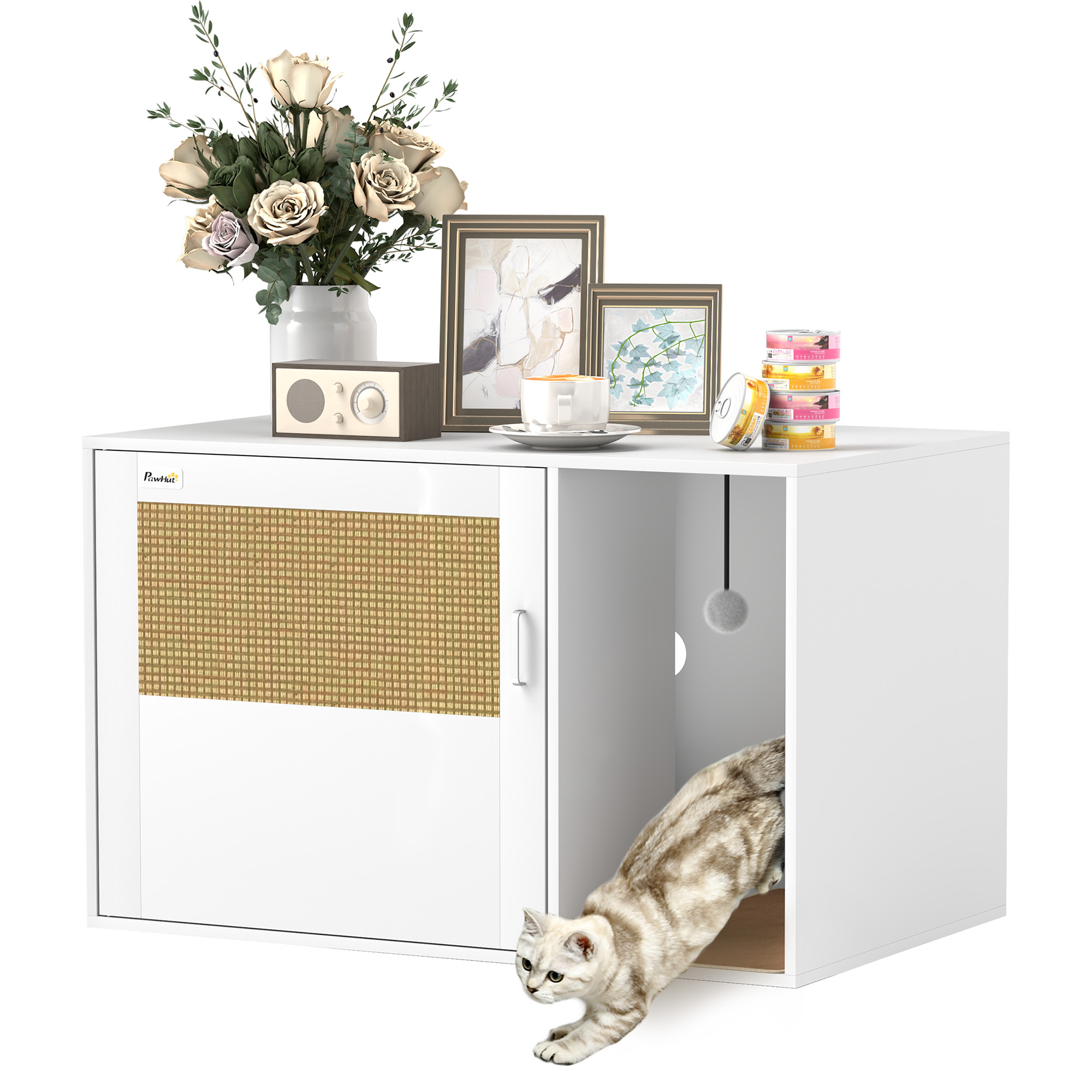 PawHut Mueble Arenero para Gatos Arenero para Gatos con Almohadilla para Rascar y Puerta de Ratán 80x50x50 cm Blanco