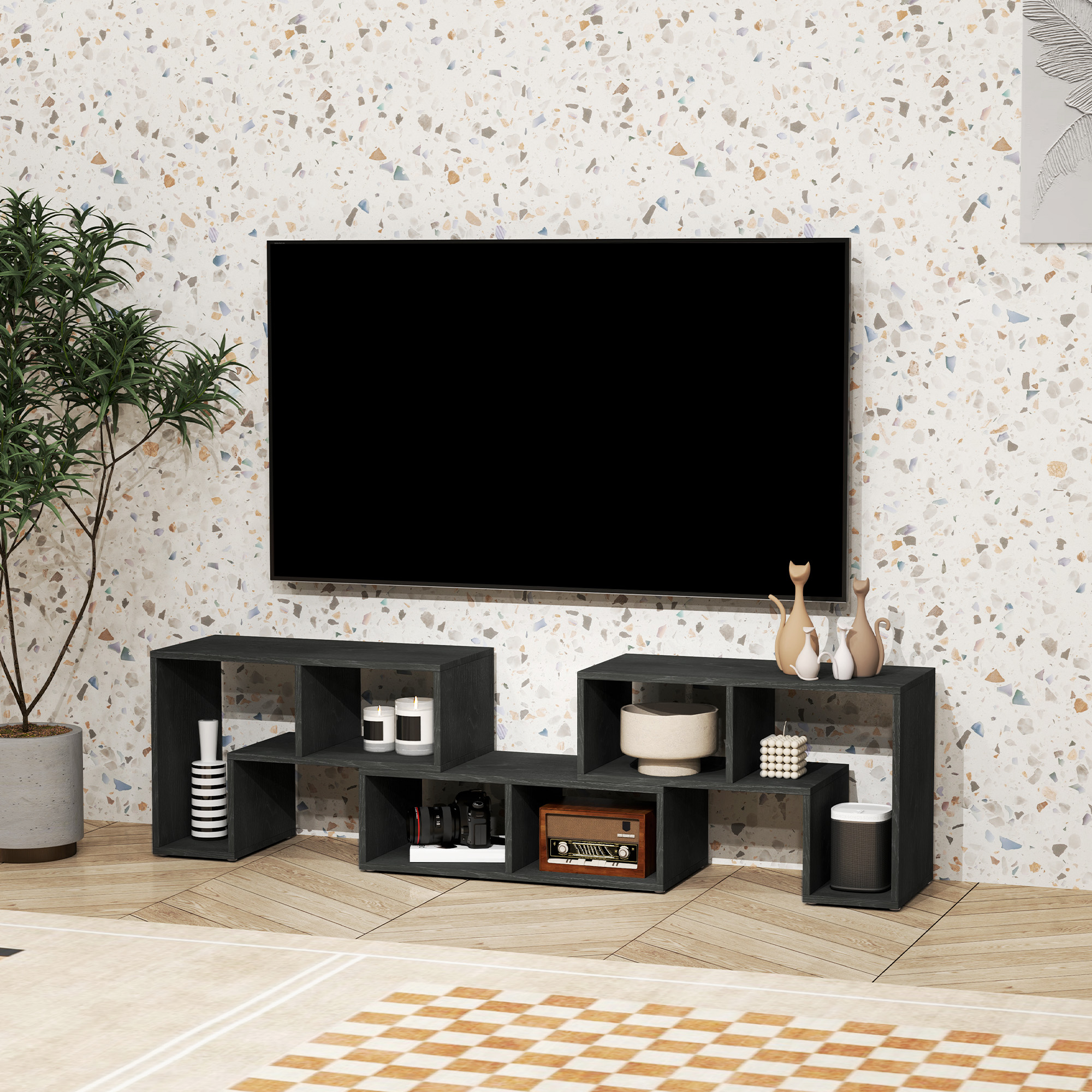  Mobilier TV modulabil pentru televizoare de pana la 75" cu 2 rafturi in forma de L si polita dreptunghiulara, din lemn, 134-180x30,5x44 cm, negru [5]