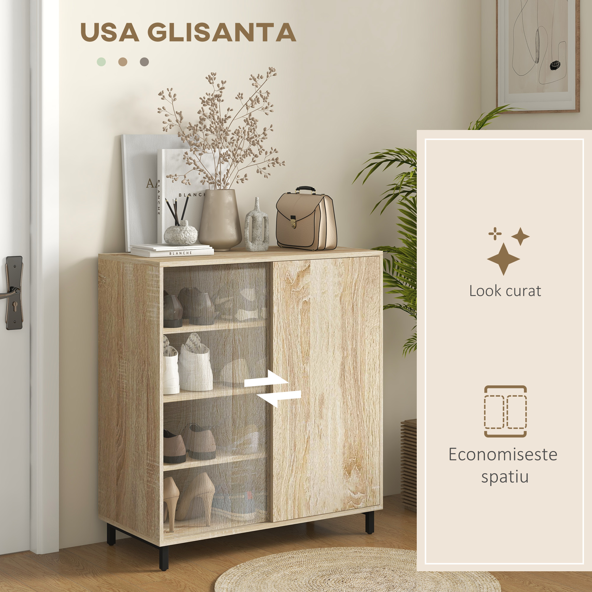  Dulap pentru Pantofi pe 4 Niveluri din PAL si Otel cu Usa Glisanta si Rafturi Reglabile, 80x40x93 cm, Lemn Natural [6]