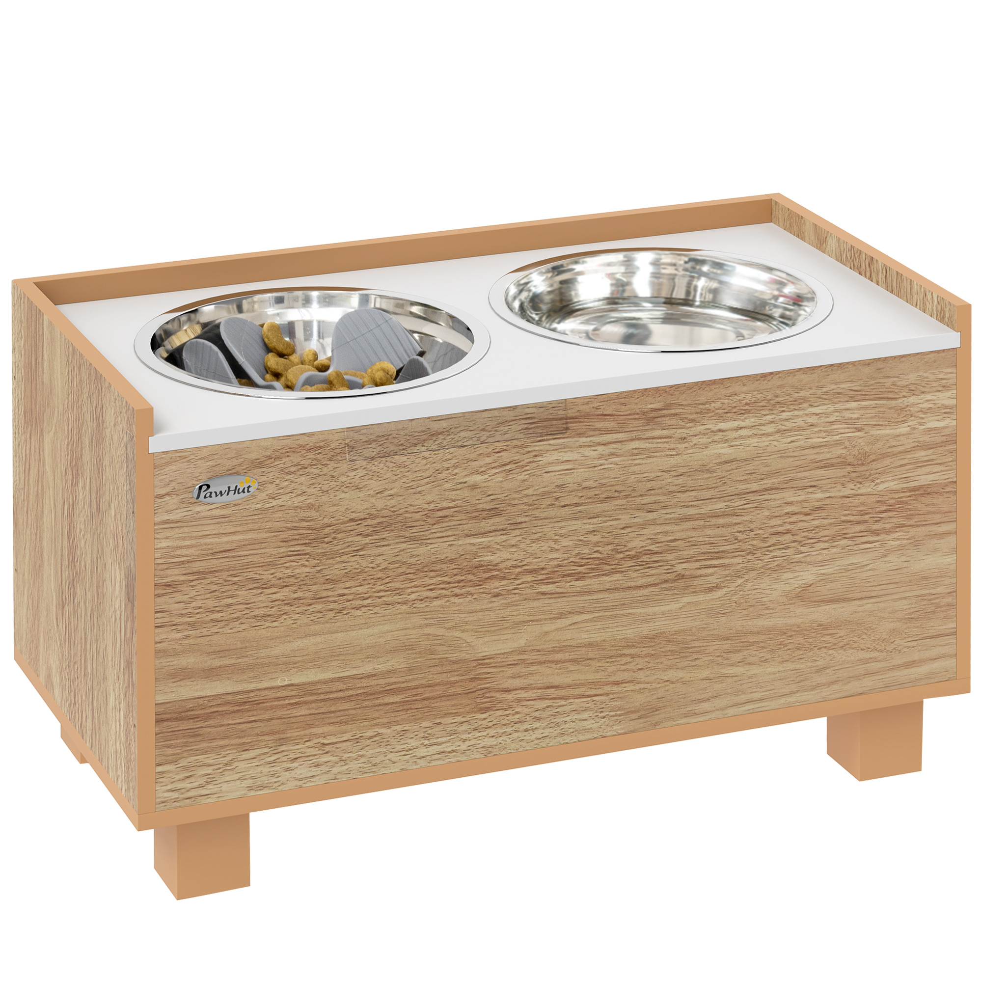 PawHut Comedero Perro Elevado con Alimentador Lento Extraíble Comedero y Bebedero de Acero Inoxidable Roble