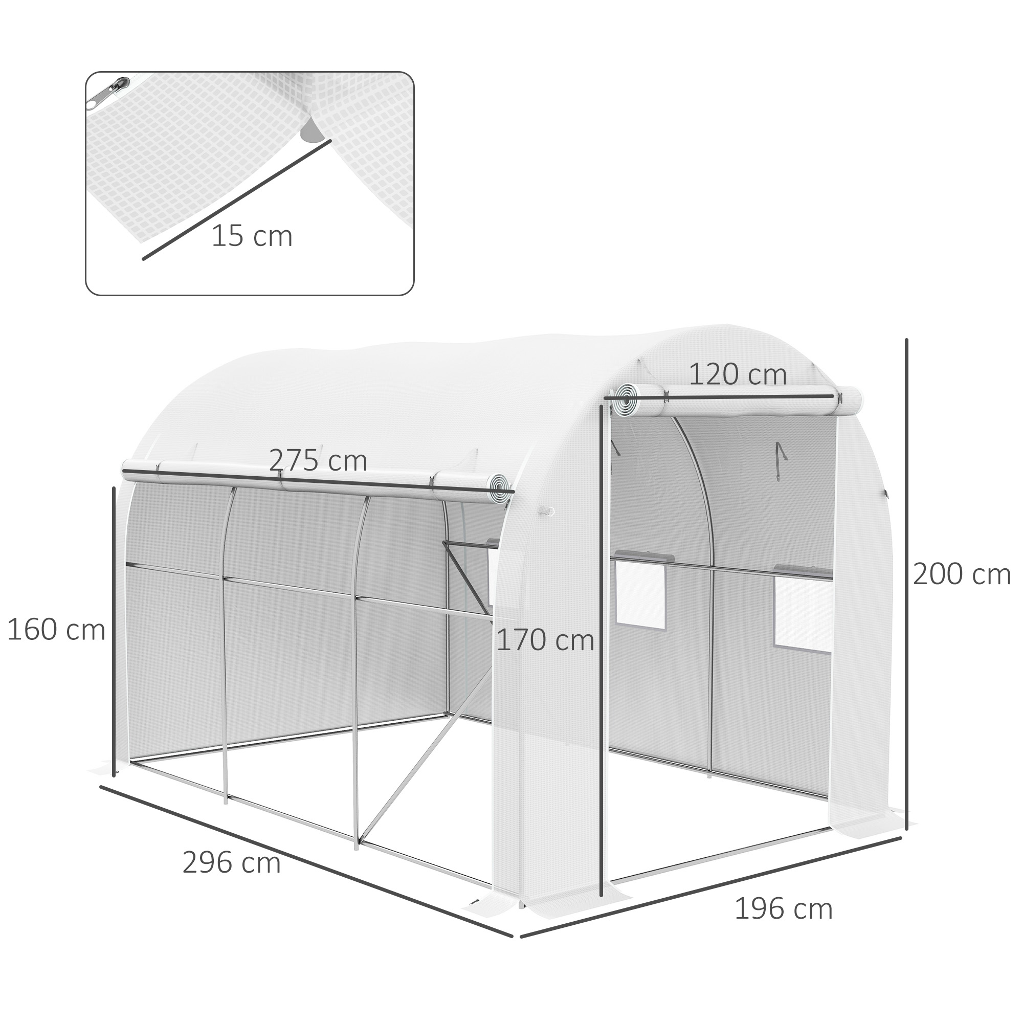 Outsunny 296 x 196cm Steel Frame Polytunnel Greenhouse White 3