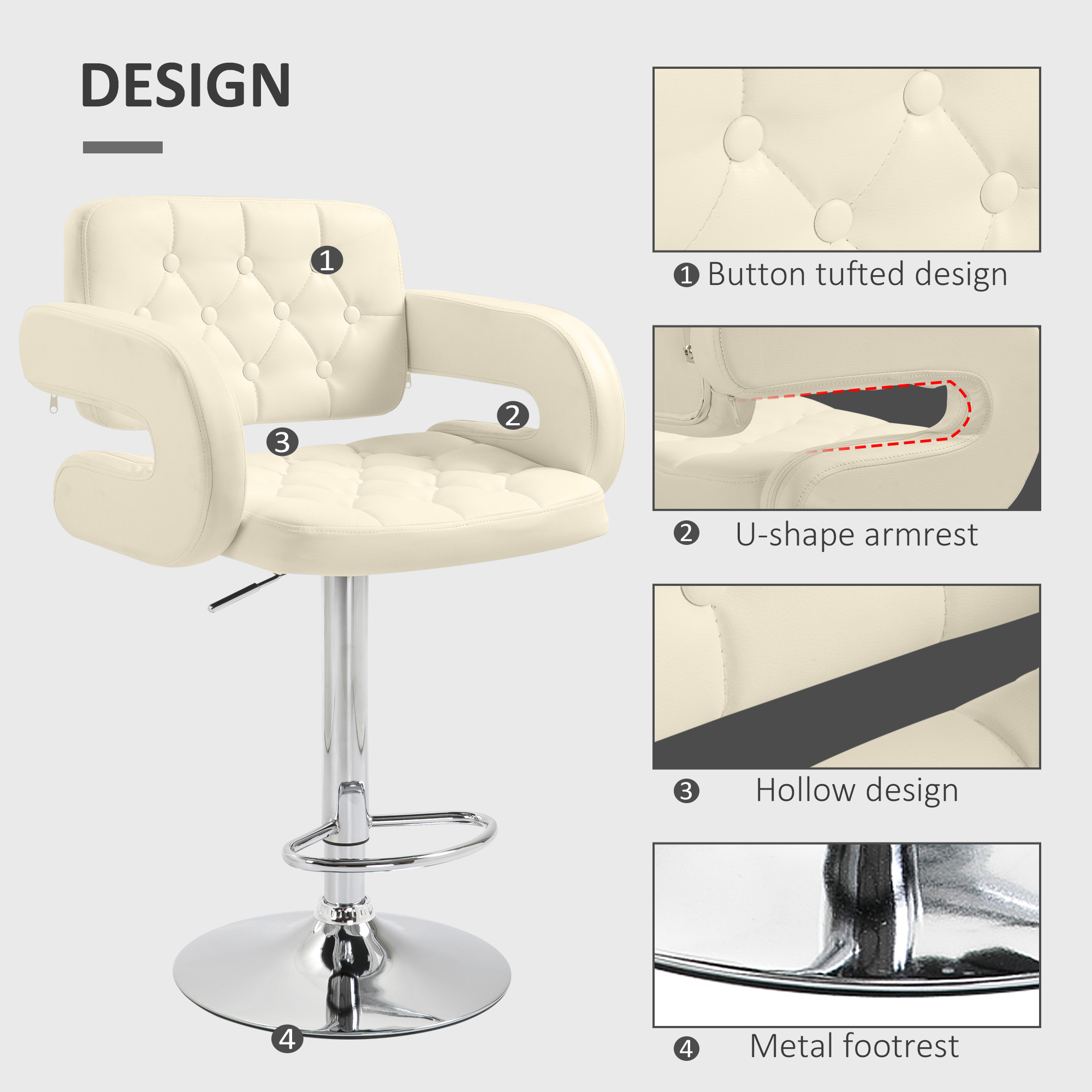 HOMCOM PU Leather Upholstered Swivel Bar Stool, Height Adjustable with Back, Armrest, Footrest, Beige 7