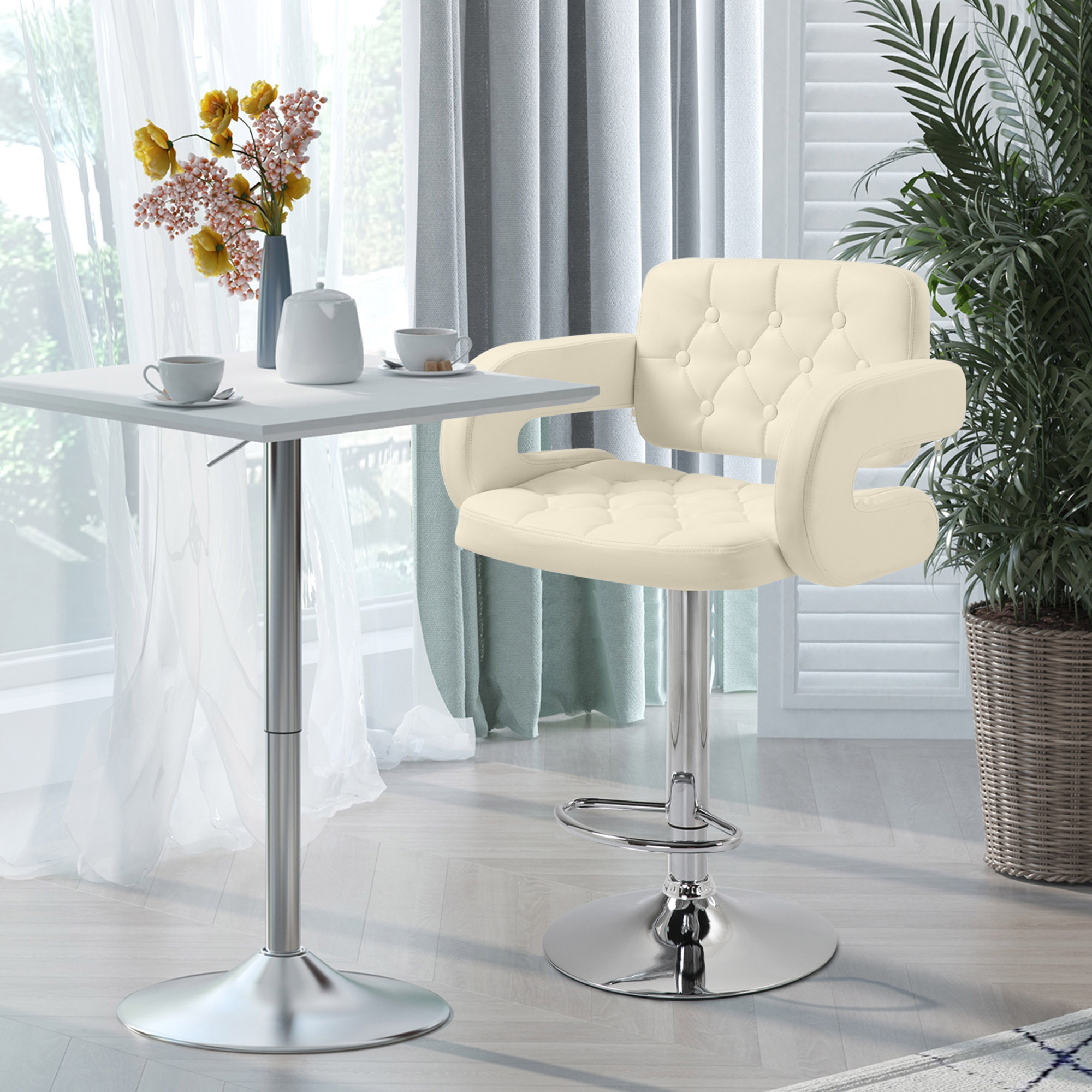 HOMCOM PU Leather Upholstered Swivel Bar Stool, Height Adjustable with Back, Armrest, Footrest, Beige 2