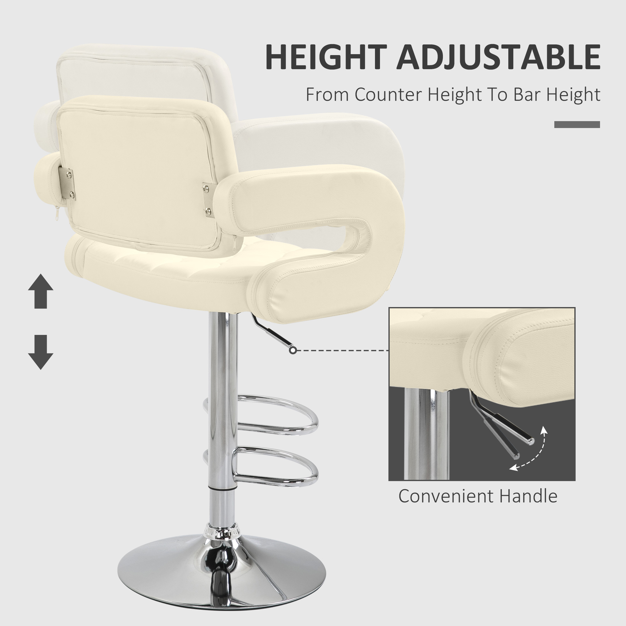HOMCOM PU Leather Upholstered Swivel Bar Stool, Height Adjustable with Back, Armrest, Footrest, Beige 4